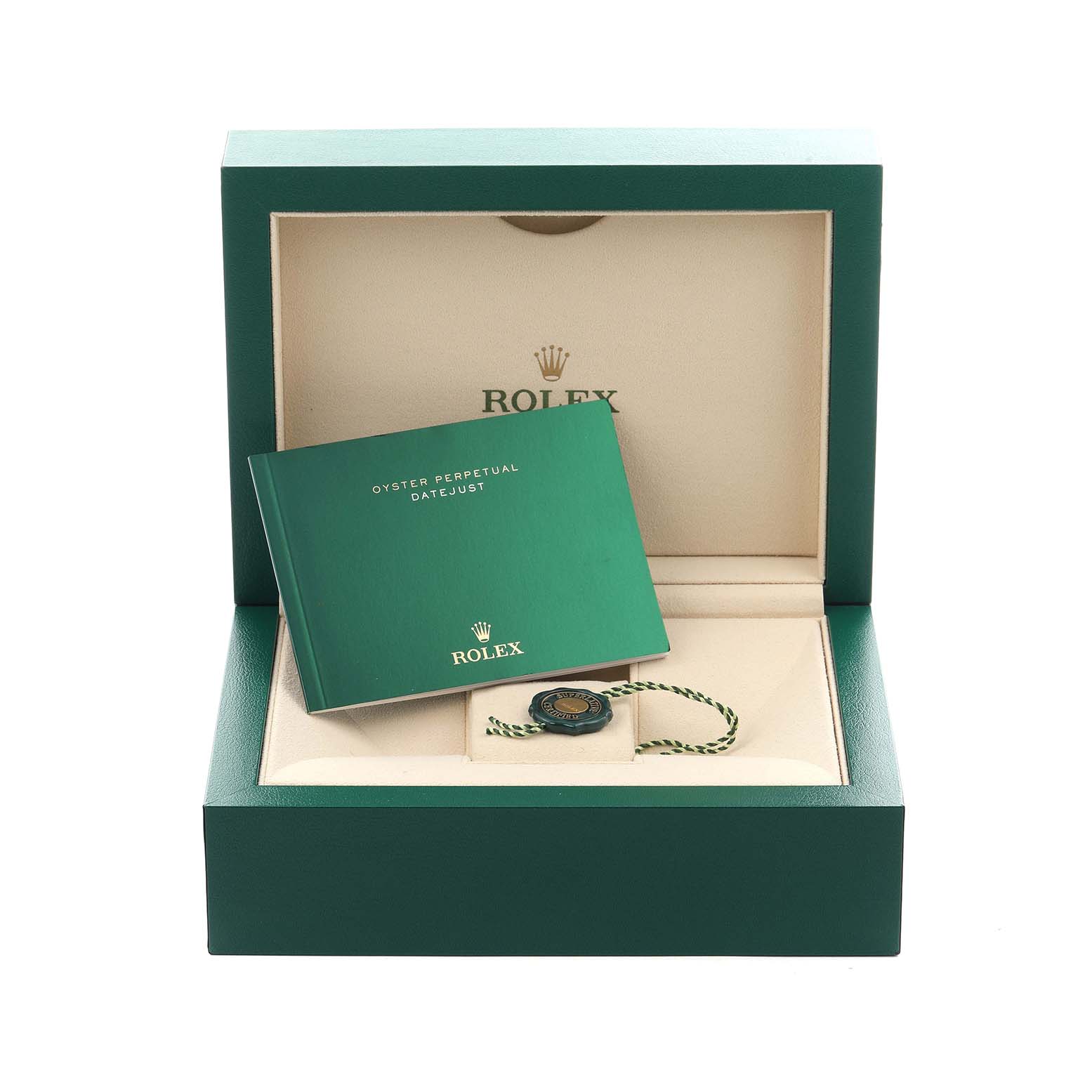 The image shows a green Rolex box with documentation and a tag for an Oyster Perpetual Datejust Mid-Size model.