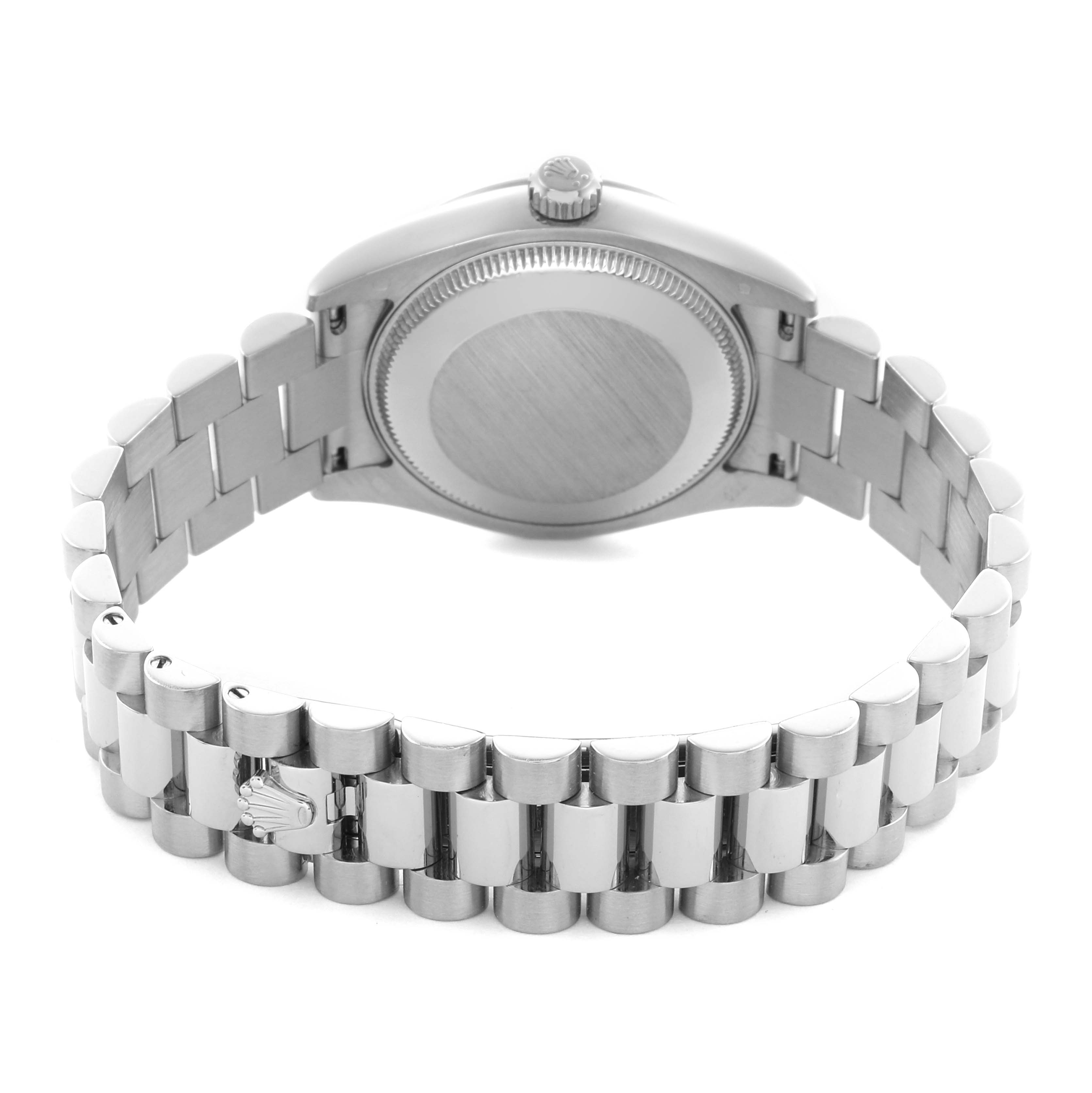 The image shows the back view of a Rolex Mid-Size 178279 Women
s White Gold Silver Dial 178279 Women
s White Gold Silver Dial watch, highlighting the case back and metal bracelet with the clasp.