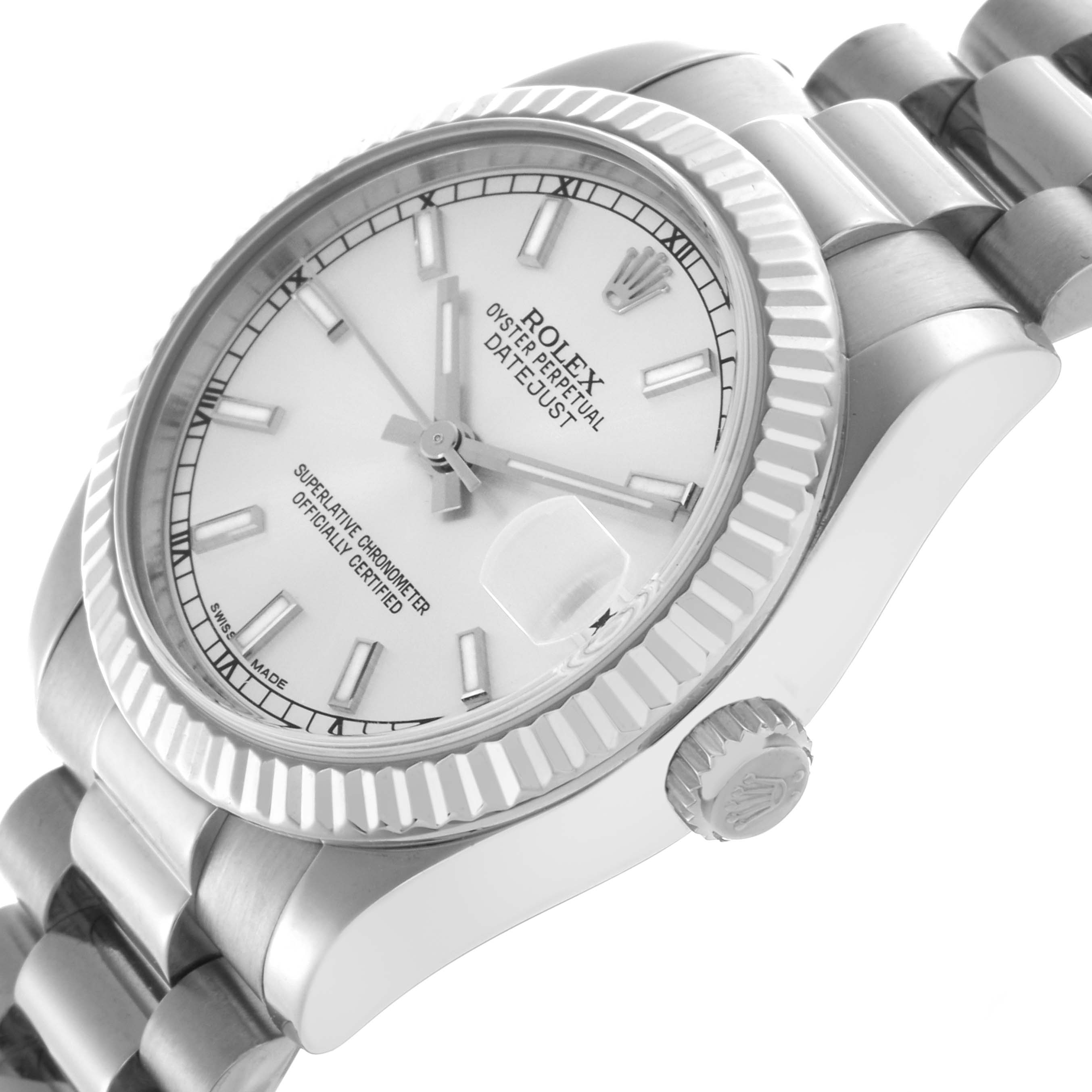 The Rolex Mid-Size 178279 Women
s White Gold Silver Dial 178279 Women
s White Gold Silver Dial model is shown at a slight angle, revealing the face, crown, bezel, and part of the bracelet.