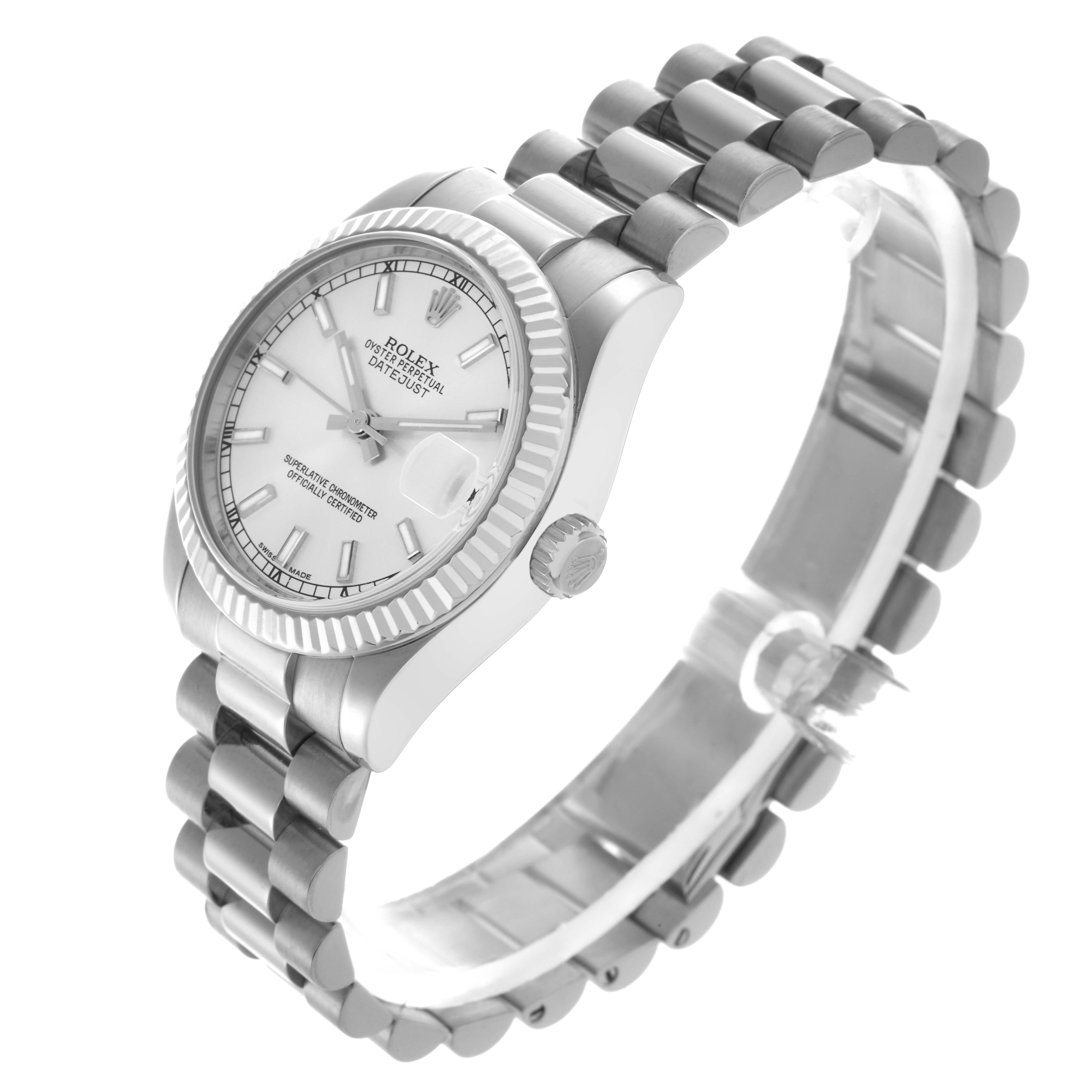 The Rolex Mid-Size 178279 Women
s White Gold Silver Dial 178279 Women
s White Gold Silver Dial watch is shown at an angled side view, displaying its dial, crown, and part of the bracelet.