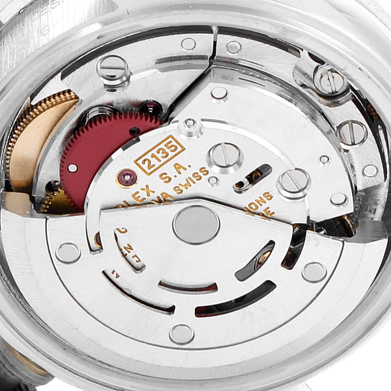 This image shows a close-up of the movement mechanism inside the Rolex President 69136 Women's Platinum Silver Dial 69136 Women's Platinum Silver Dial model watch.