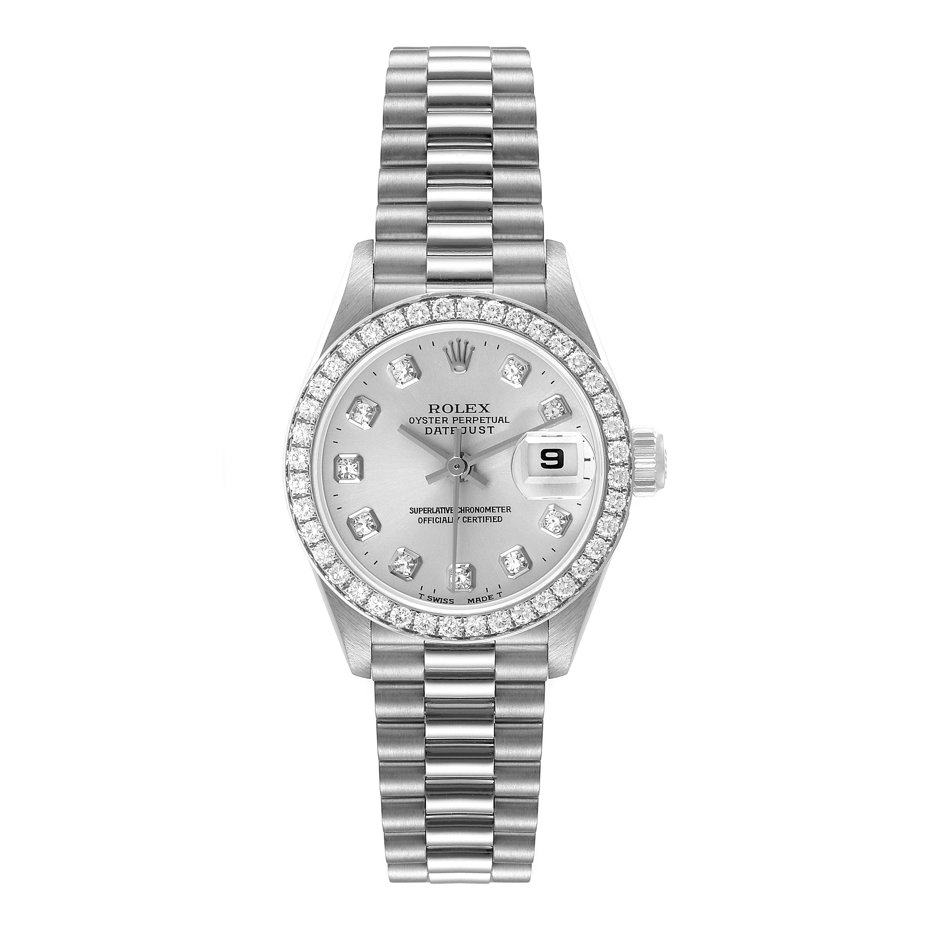 The image shows the front view of the Rolex President 69136 Women's Platinum Silver Dial 69136 Women's Platinum Silver Dial model watch, featuring its face, bezel, and bracelet.