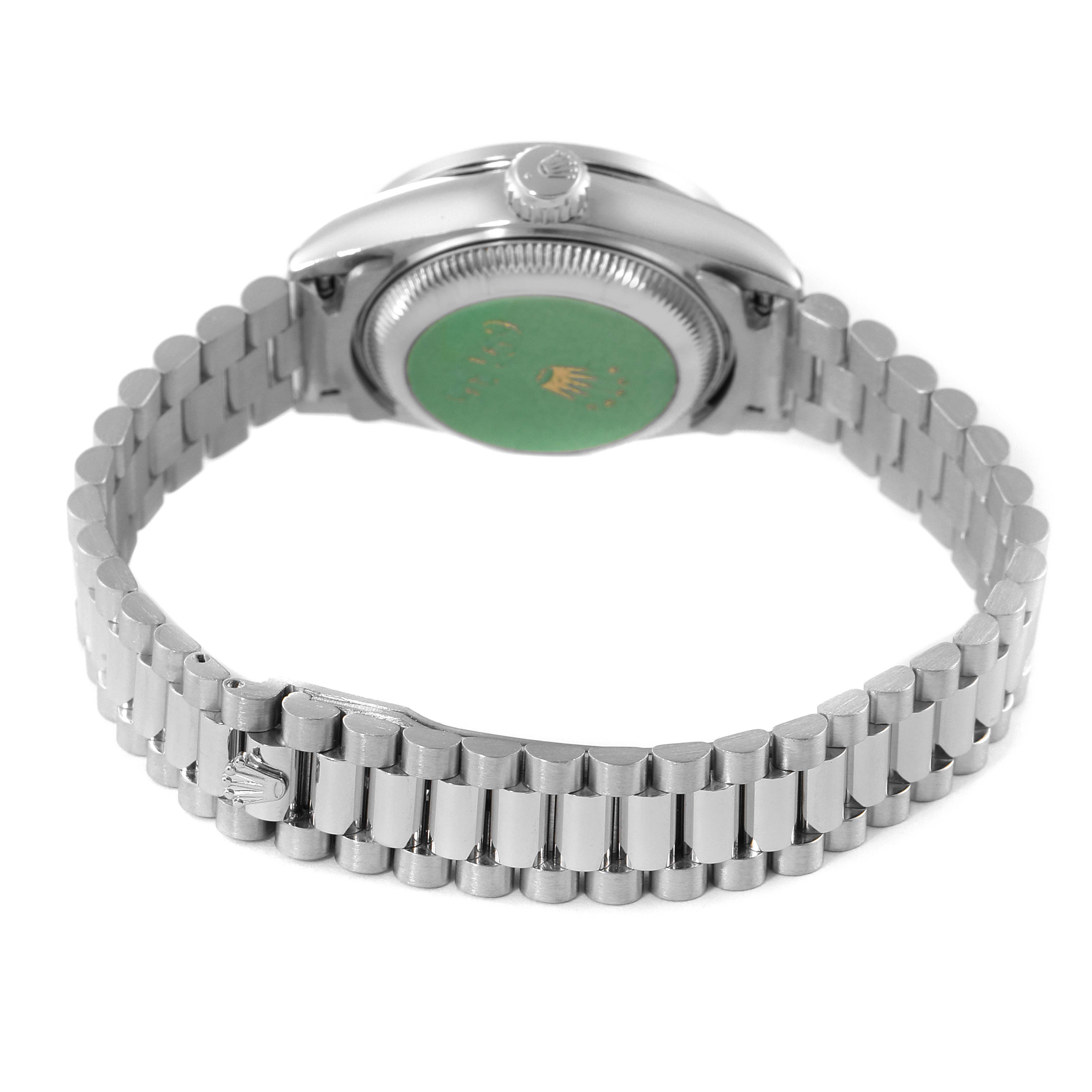 This image shows the back casing and bracelet of a Rolex President 69136 Women's Platinum Silver Dial 69136 Women's Platinum Silver Dial model watch from a bottom angle.