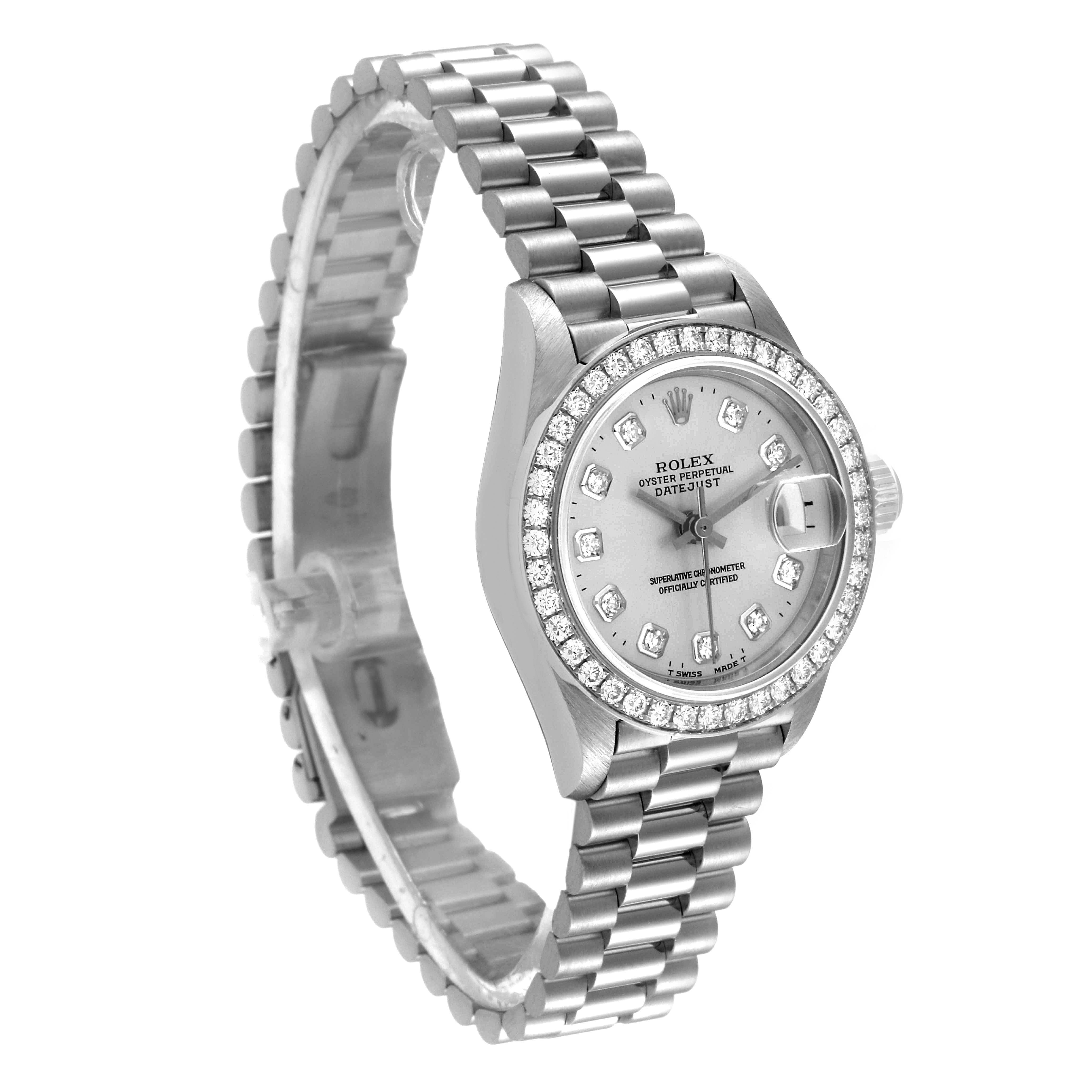 This Rolex President 69136 Women's Platinum Silver Dial 69136 Women's Platinum Silver Dial model watch is shown at a three-quarter angle, displaying the bracelet, case, dial, and bejeweled bezel.