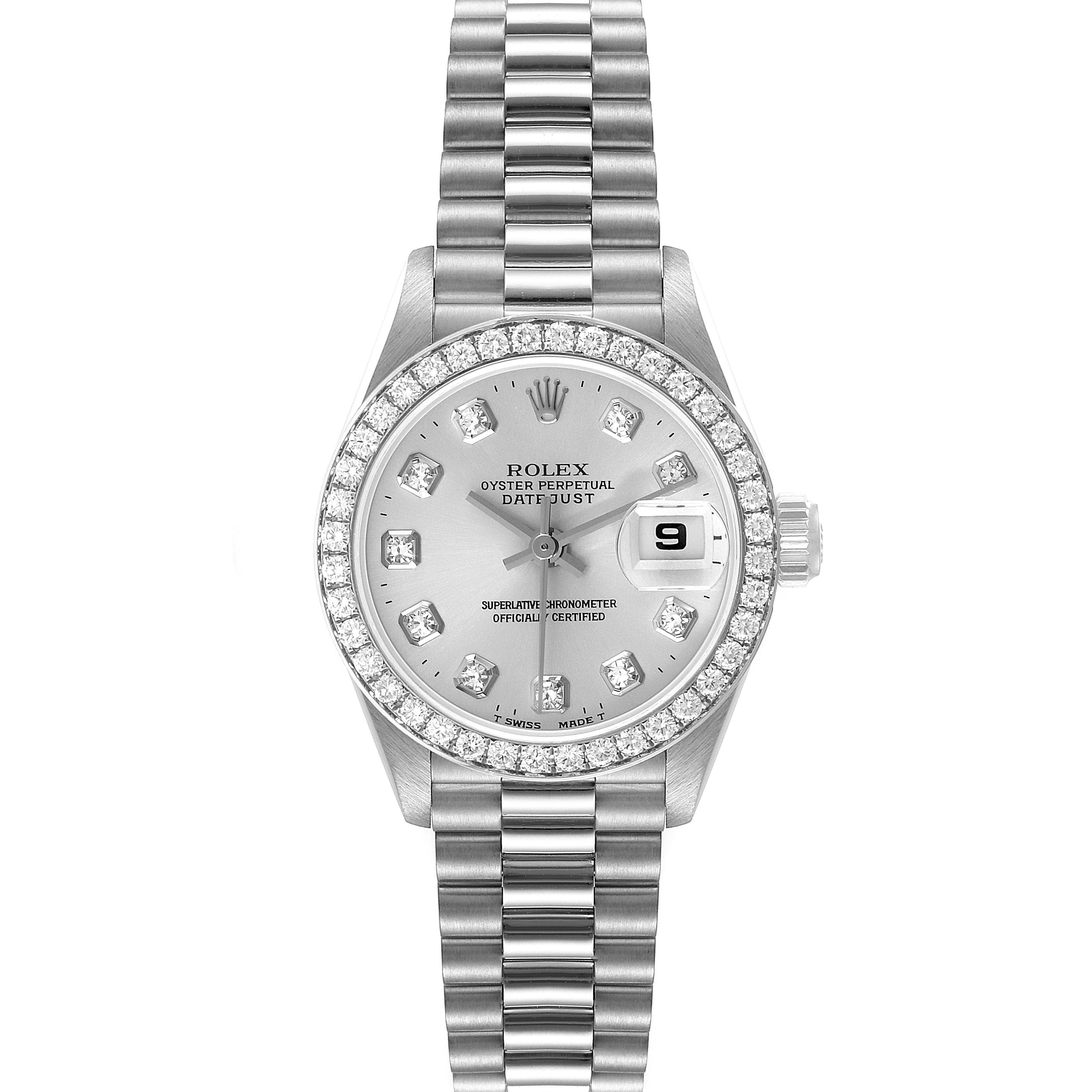This image shows a Rolex President 69136 Women's Platinum Silver Dial 69136 Women's Platinum Silver Dial model watch from a front angle, displaying the face, date window, bezel, and bracelet.