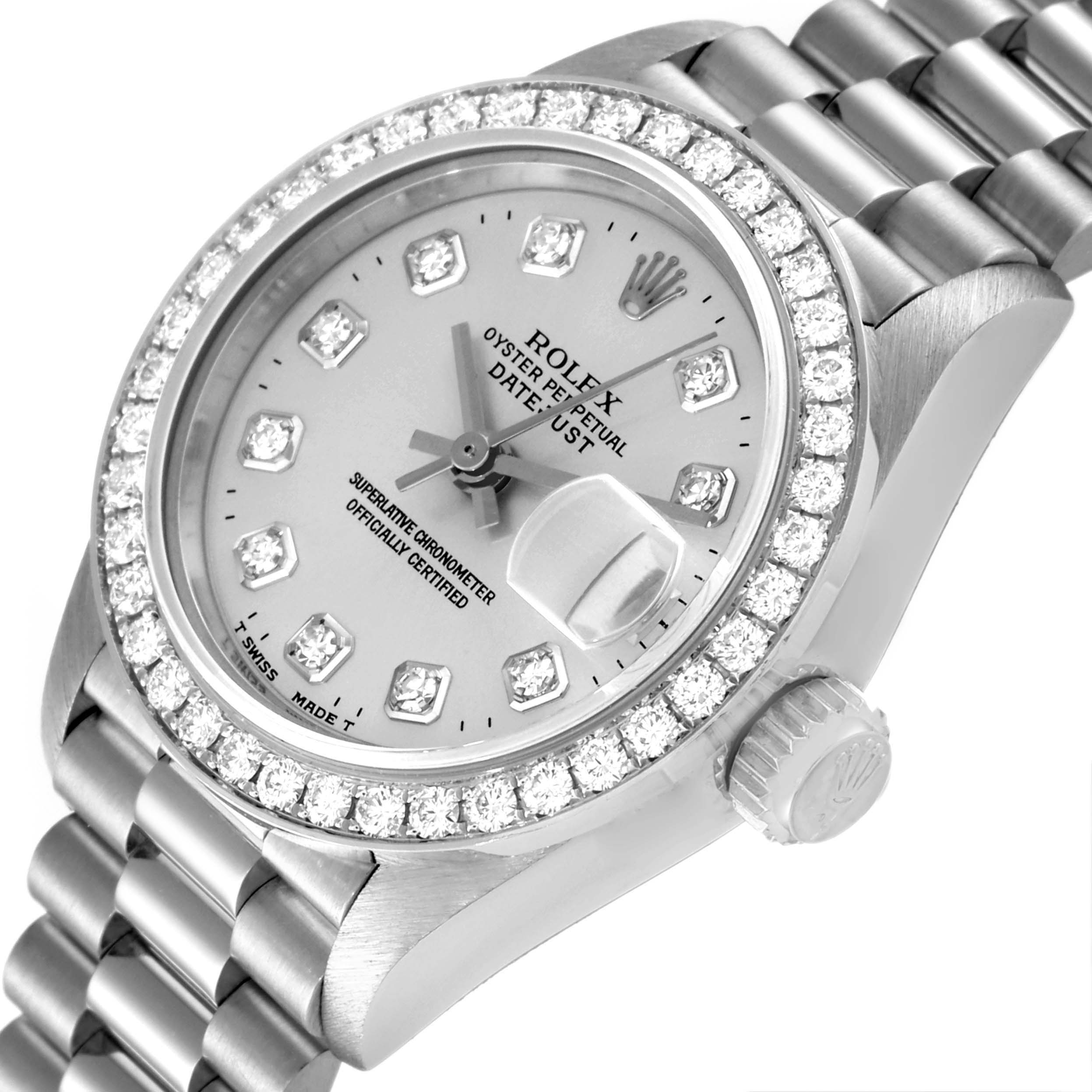 The Rolex President 69136 Women's Platinum Silver Dial 69136 Women's Platinum Silver Dial model watch is shown from an angled side view, highlighting the dial, bezel, crown, and partially the bracelet.