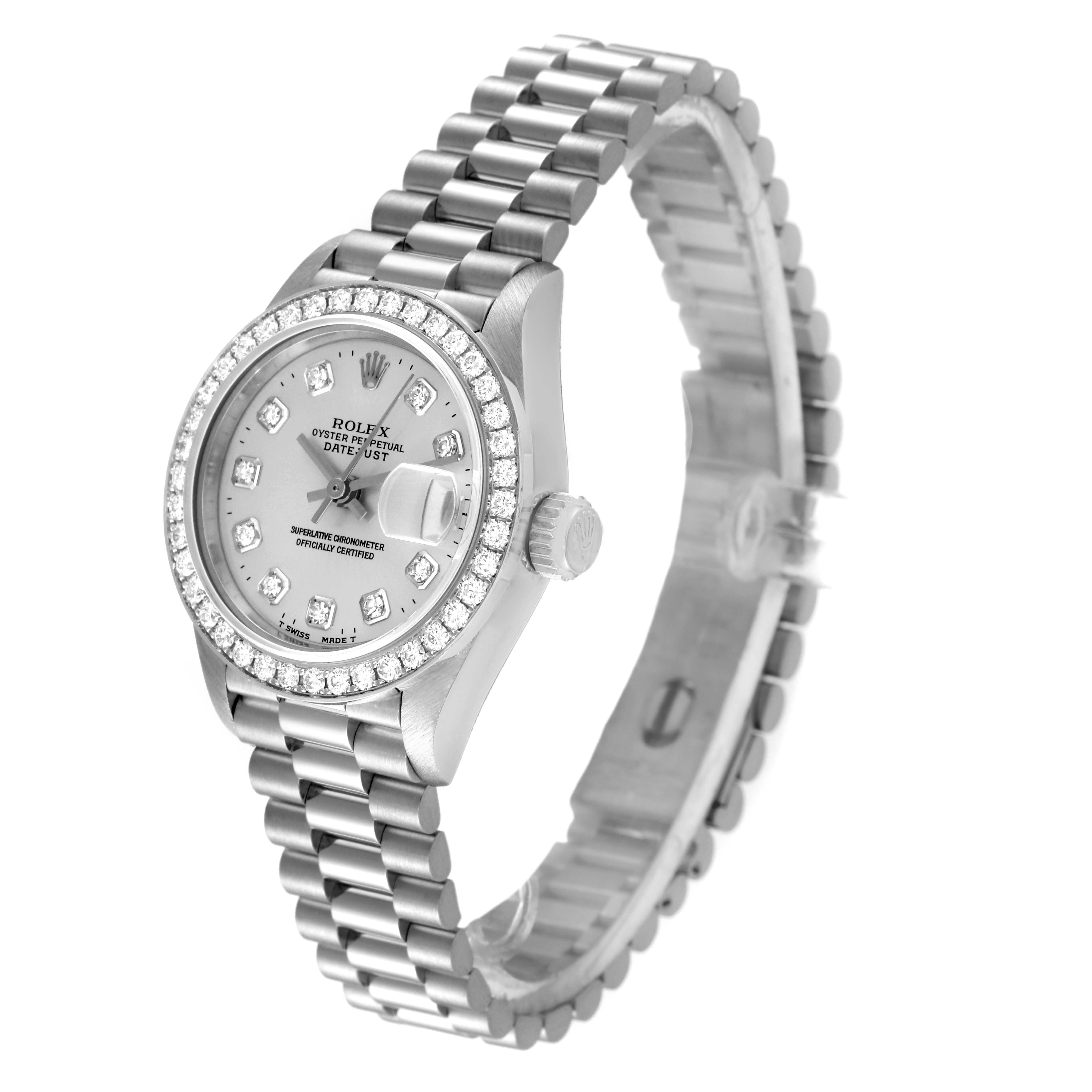 The image shows a Rolex President 69136 Women's Platinum Silver Dial 69136 Women's Platinum Silver Dial model watch at an angled view, highlighting the face, bezel, and bracelet.