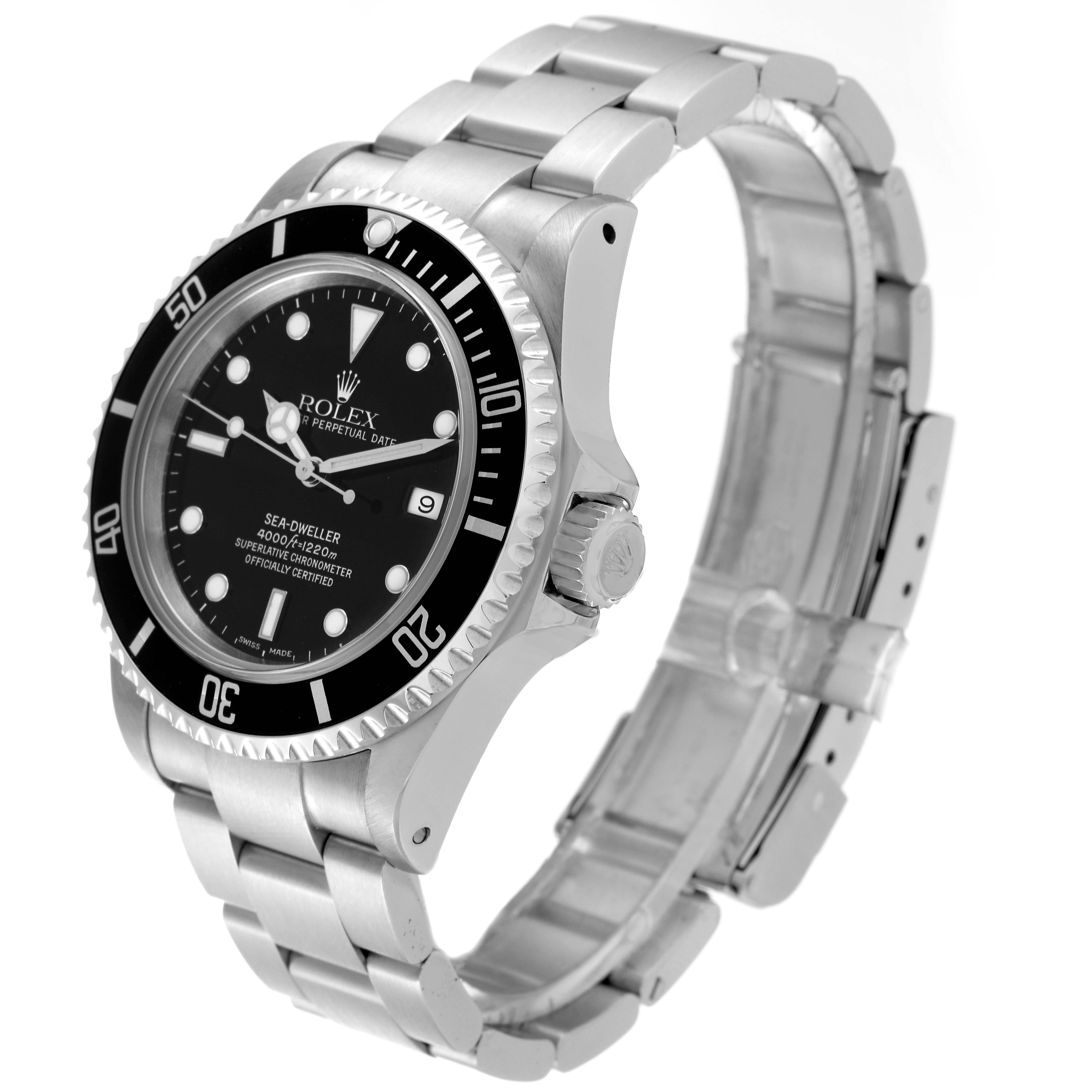 This image shows a side view of the Rolex Sea-Dweller 16600 Men
s Stainless Steel Black Dial 16600 Men
s Stainless Steel Black Dial watch featuring the bracelet, crown, bezel, and face.