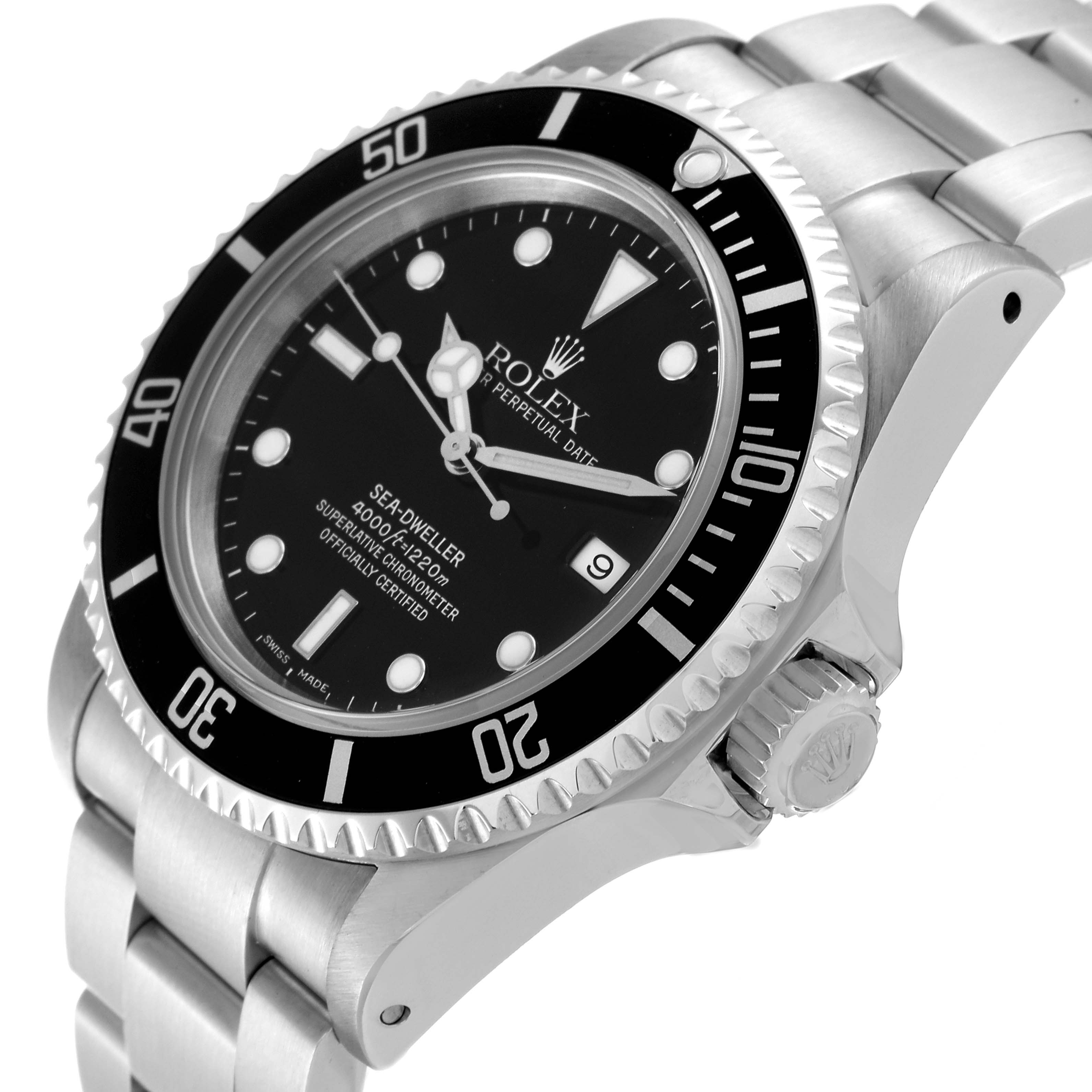 The image shows a side and front view of the Rolex Sea-Dweller 16600 Men
s Stainless Steel Black Dial 16600 Men
s Stainless Steel Black Dial watch, highlighting its dial, bezel, and bracelet.