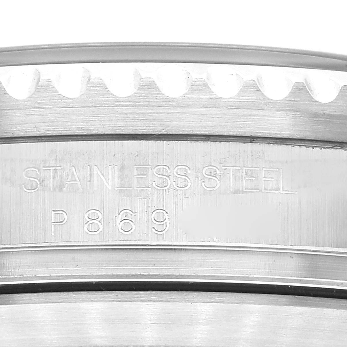 This close-up image shows the engraving on the stainless steel case back of a Rolex Sea-Dweller 16600 Men
s Stainless Steel Black Dial 16600 Men
s Stainless Steel Black Dial watch.