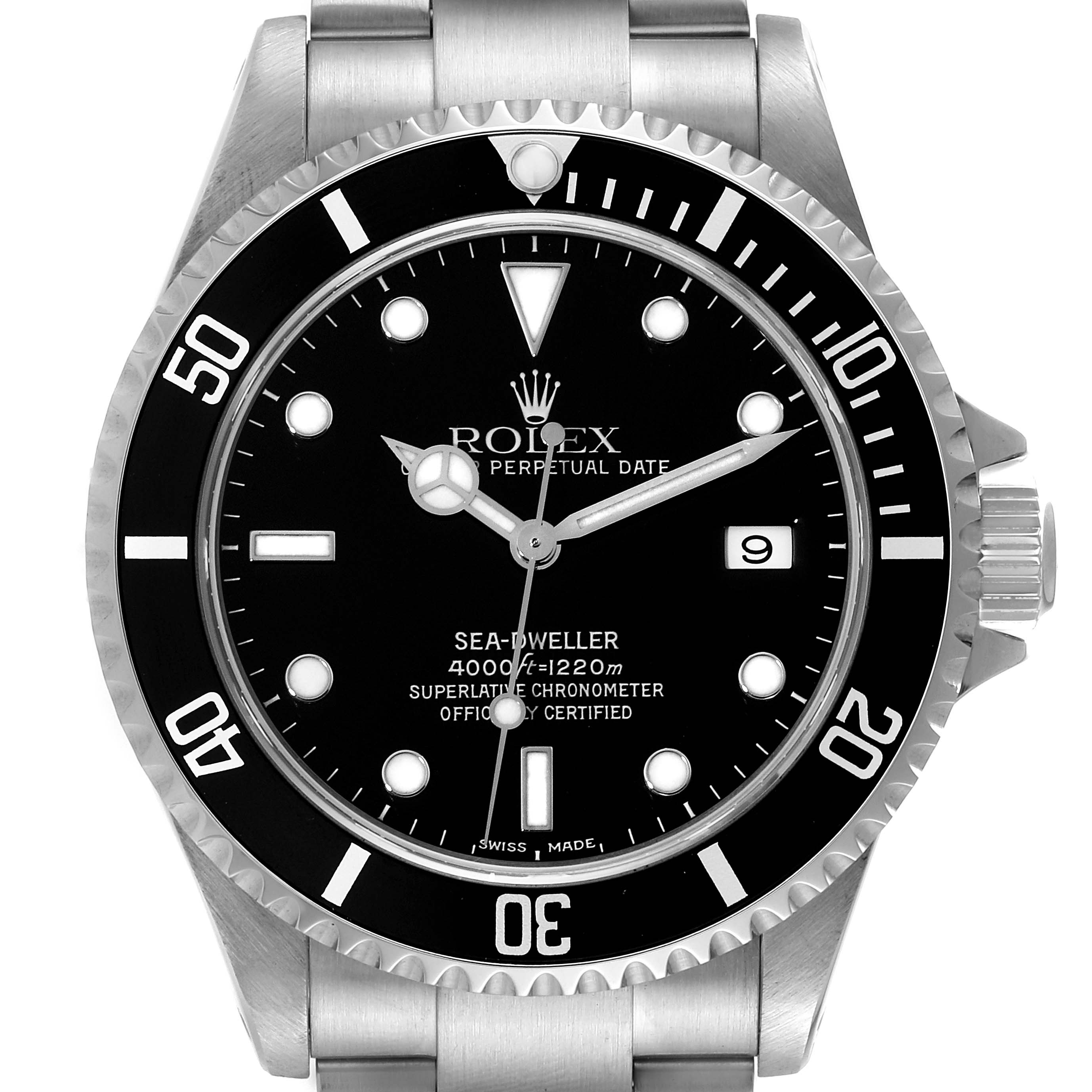 The image shows a frontal view of a Rolex Sea-Dweller 16600 Men
s Stainless Steel Black Dial 16600 Men
s Stainless Steel Black Dial watch, highlighting its black dial, bezel, and stainless steel bracelet.