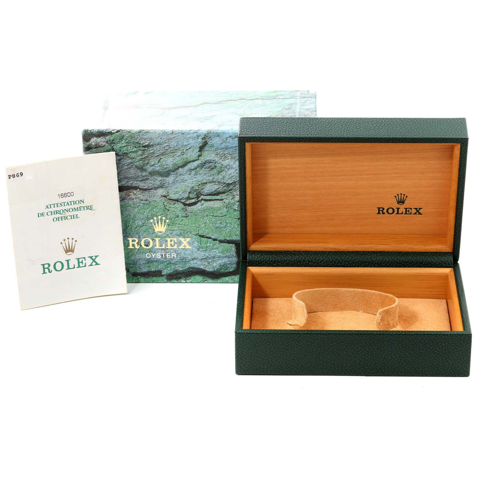 This image shows an open green Rolex box and document for the Rolex Sea-Dweller 16600 Men
s Stainless Steel Black Dial 16600 Men
s Stainless Steel Black Dial model.
