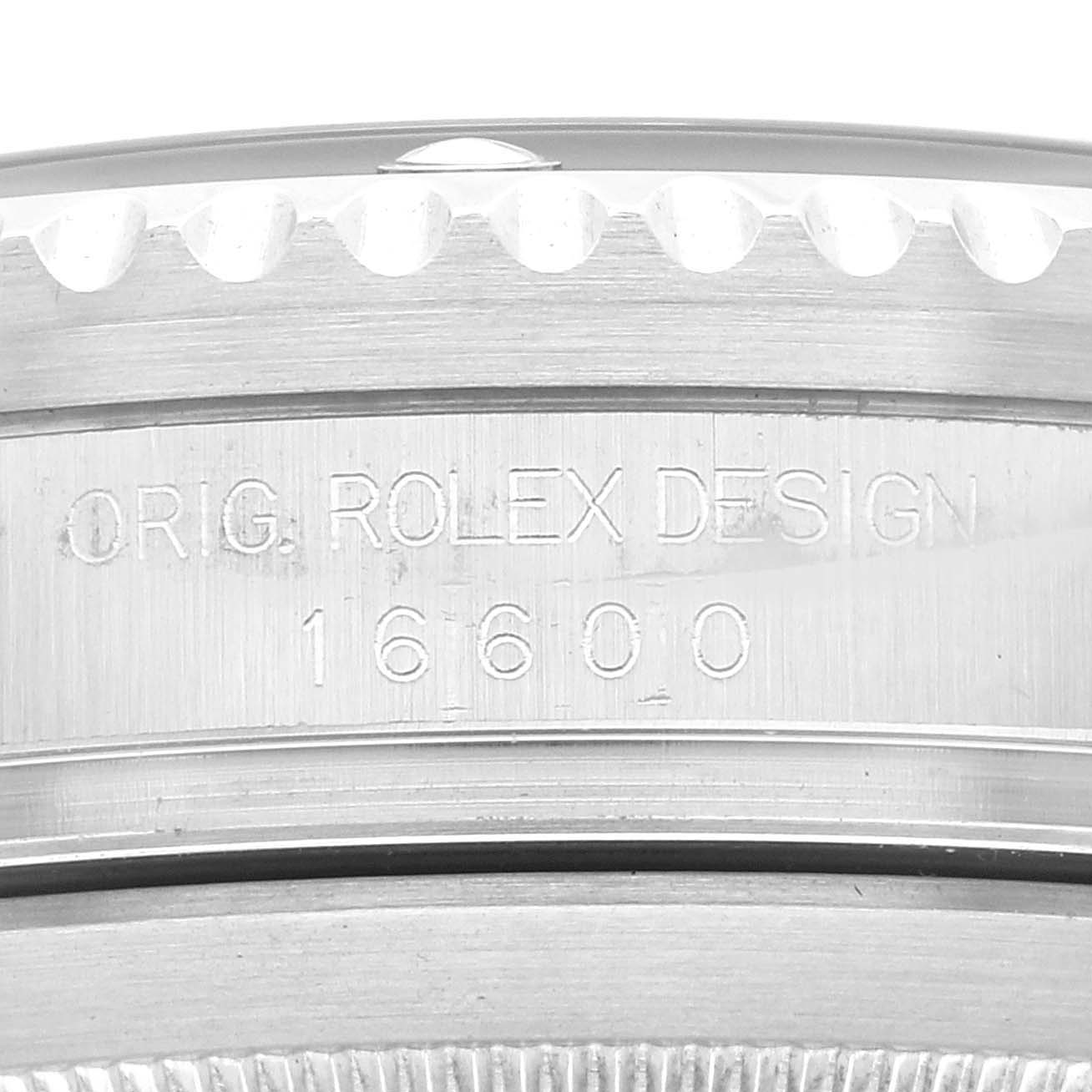 This image shows the case side of a Rolex Sea-Dweller 16600 Men
s Stainless Steel Black Dial 16600 Men
s Stainless Steel Black Dial model, displaying the engraved model number 16600.