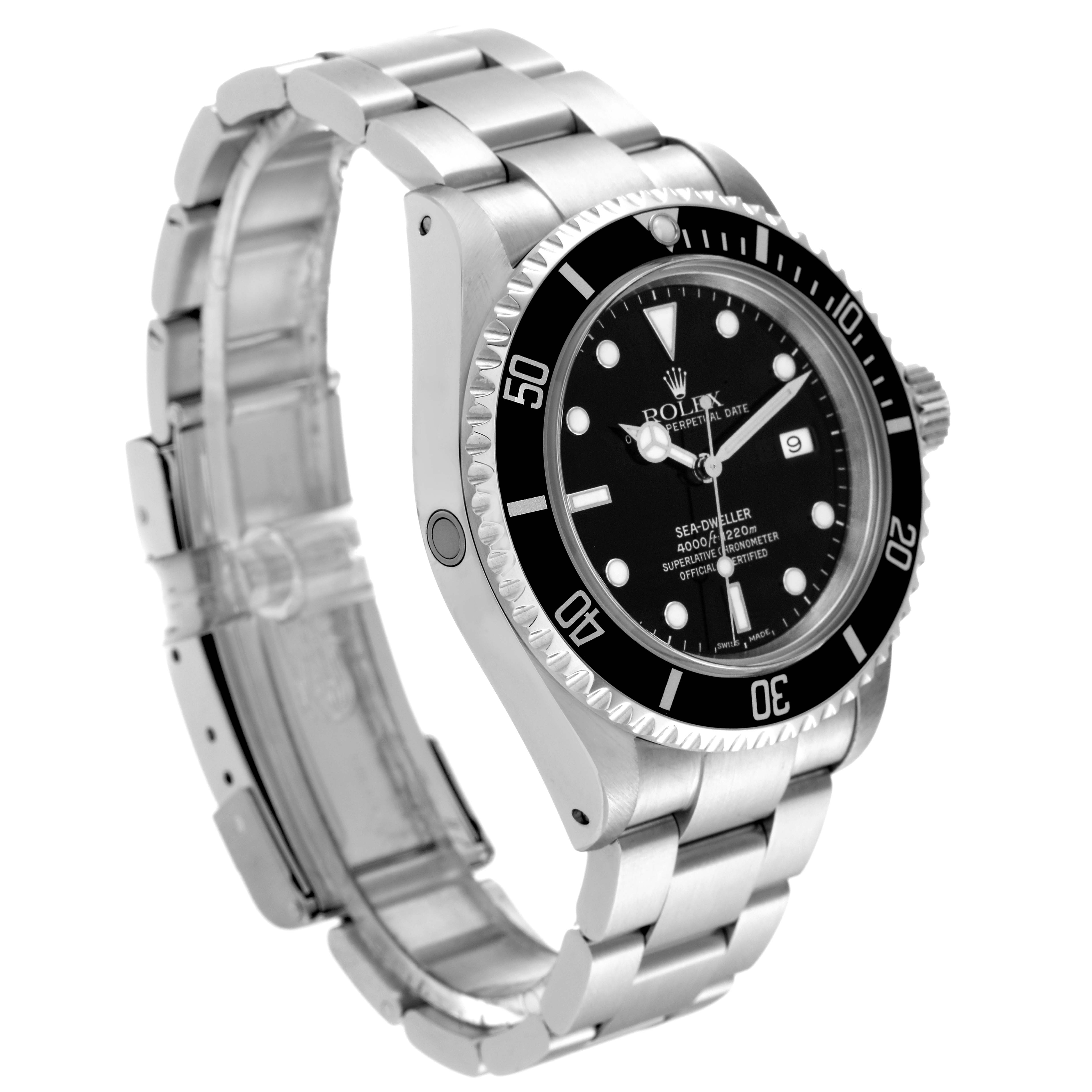 The Rolex Sea-Dweller 16600 Men
s Stainless Steel Black Dial 16600 Men
s Stainless Steel Black Dial watch is shown at a three-quarter angle, displaying its face, bezel, case, and bracelet.