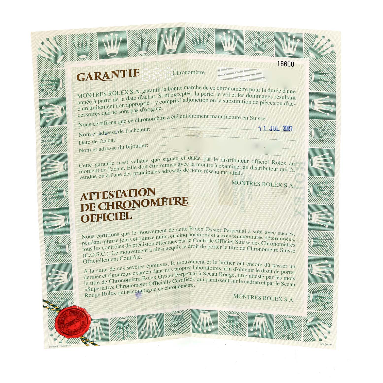 The image shows the warranty card for a Rolex Sea-Dweller 16600 Men
s Stainless Steel Black Dial 16600 Men
s Stainless Steel Black Dial, featuring brand details and certification information.