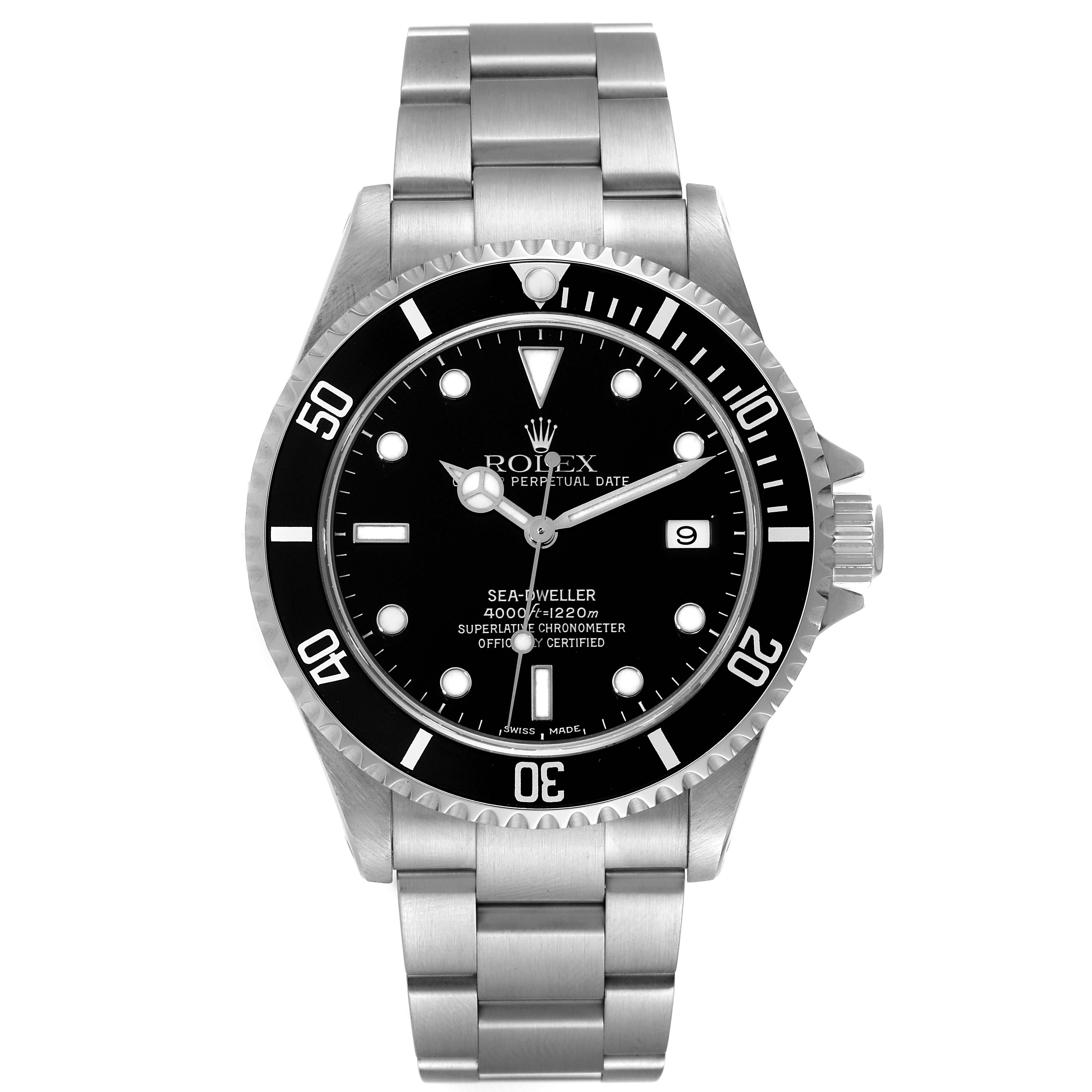 This image shows a front view of the Rolex Sea-Dweller 16600 Men
s Stainless Steel Black Dial 16600 Men
s Stainless Steel Black Dial watch, displaying its face, bezel, crown, and bracelet.