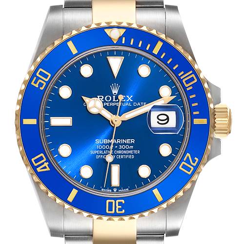 The image shows a frontal view of a Rolex Submariner watch, highlighting its blue dial, bezel, and two-tone bracelet.