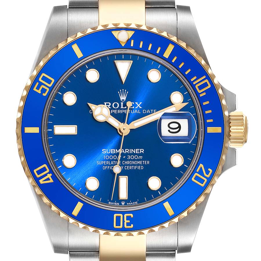 This Rolex Submariner watch is shown from the front, highlighting the blue dial, bezel, and the stainless steel and gold bracelet.