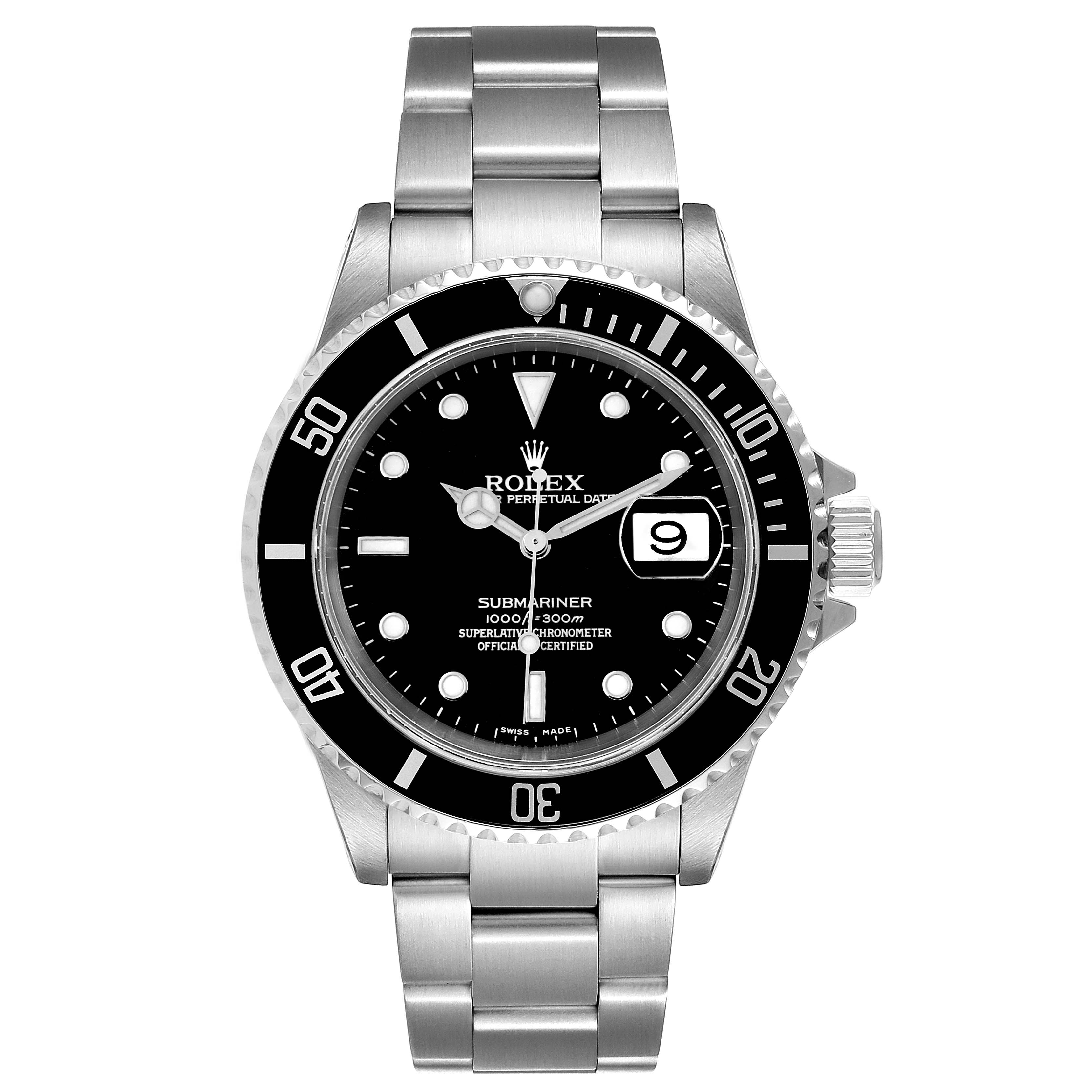 The image shows a front view of the Rolex Submariner 16610 Men's Stainless Steel Black Dial 16610 Men's Stainless Steel Black Dial, highlighting its dial, bezel, and bracelet.