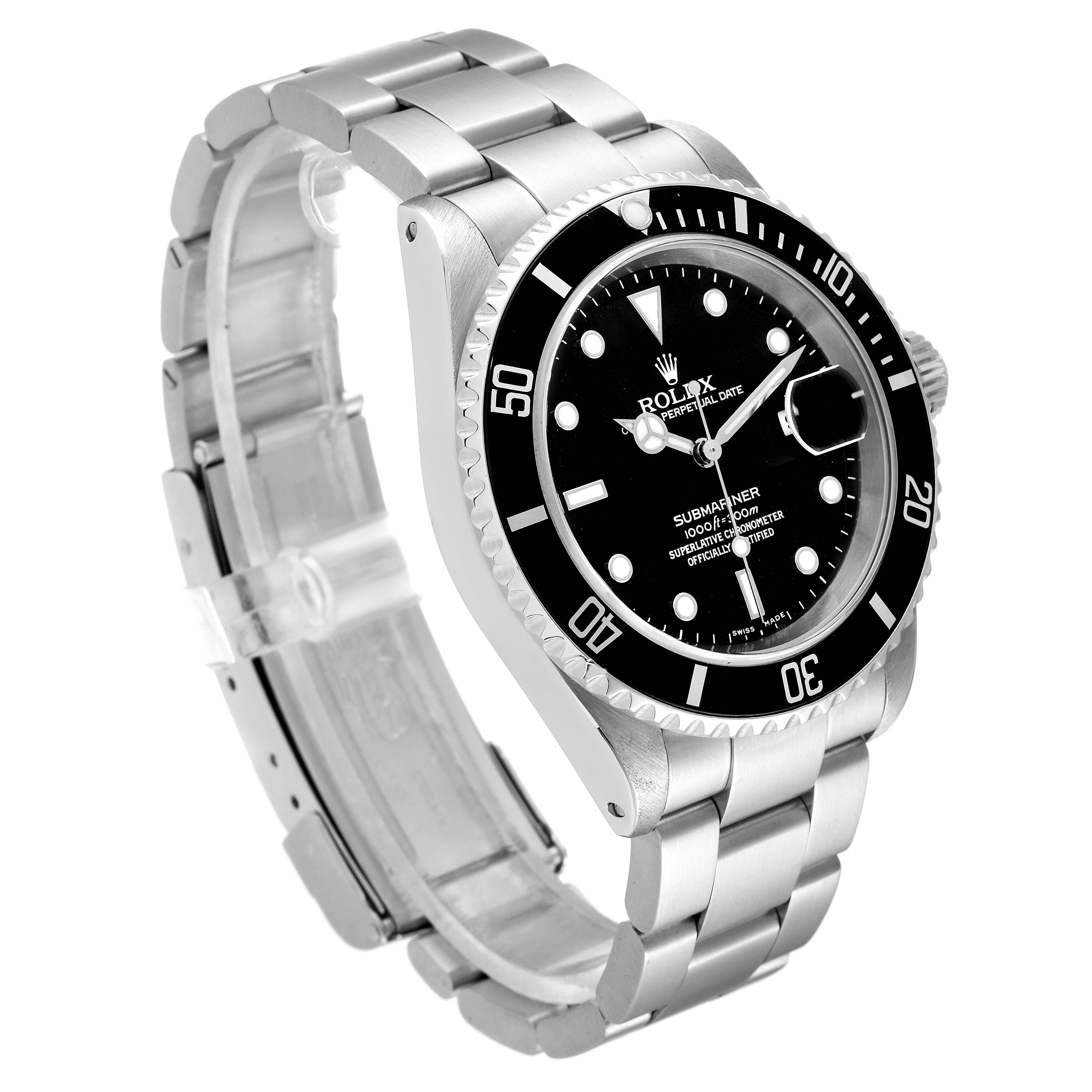 The image shows a side and front angle of a Rolex Submariner 16610 Men's Stainless Steel Black Dial 16610 Men's Stainless Steel Black Dial with a black dial and bezel, and a stainless steel bracelet.