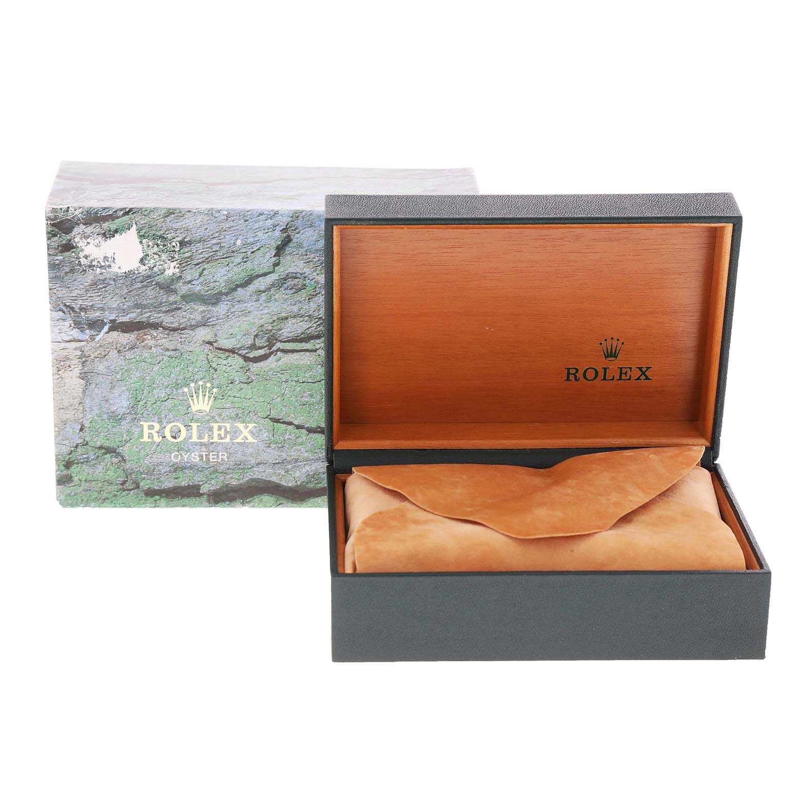 The image shows a Rolex Submariner 16610 Men's Stainless Steel Black Dial 16610 Men's Stainless Steel Black Dial watch box with an open wooden interior and a tan leather pouch inside.