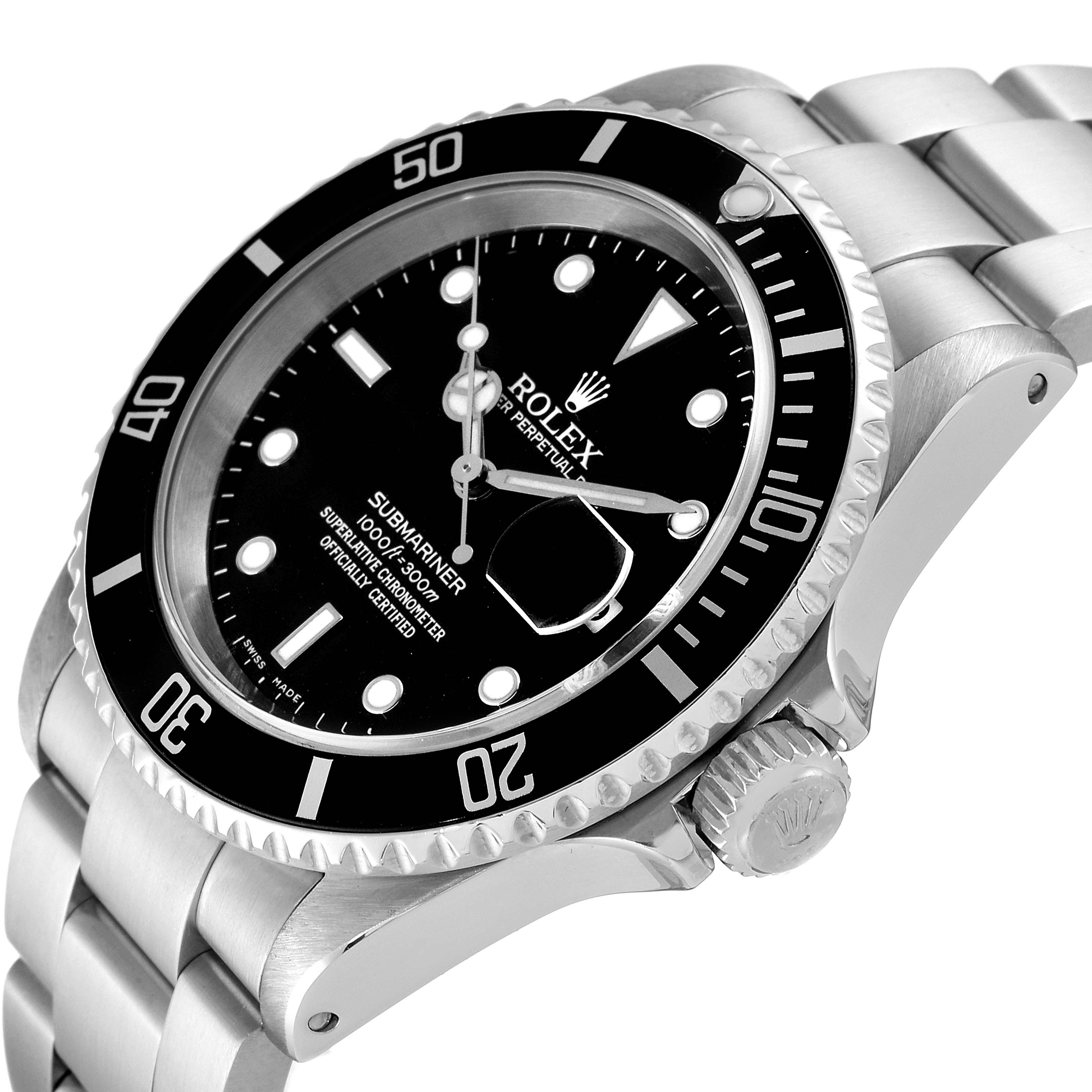 The image shows a Rolex Submariner 16610 Men's Stainless Steel Black Dial 16610 Men's Stainless Steel Black Dial watch from a side angle, highlighting the bezel, crown, and dial.