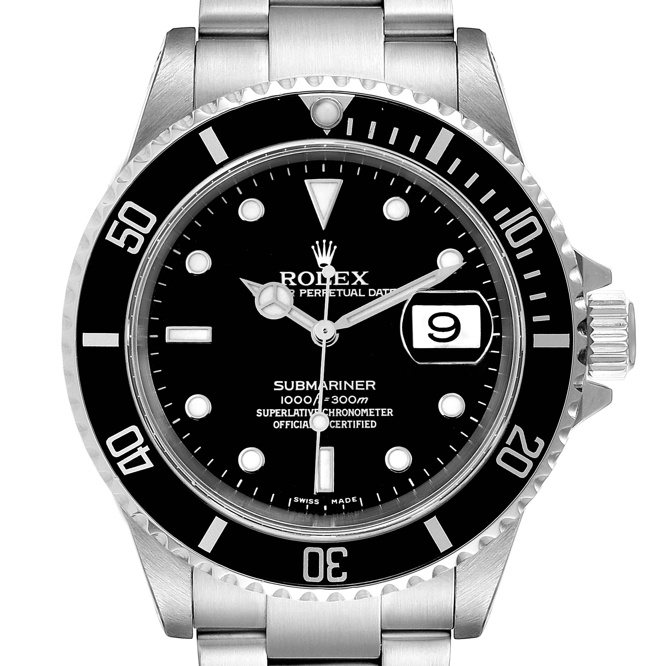 This image shows a front view of a Rolex Submariner 16610 Men's Stainless Steel Black Dial 16610 Men's Stainless Steel Black Dial watch, highlighting the dial, bezel, hands, and date window.