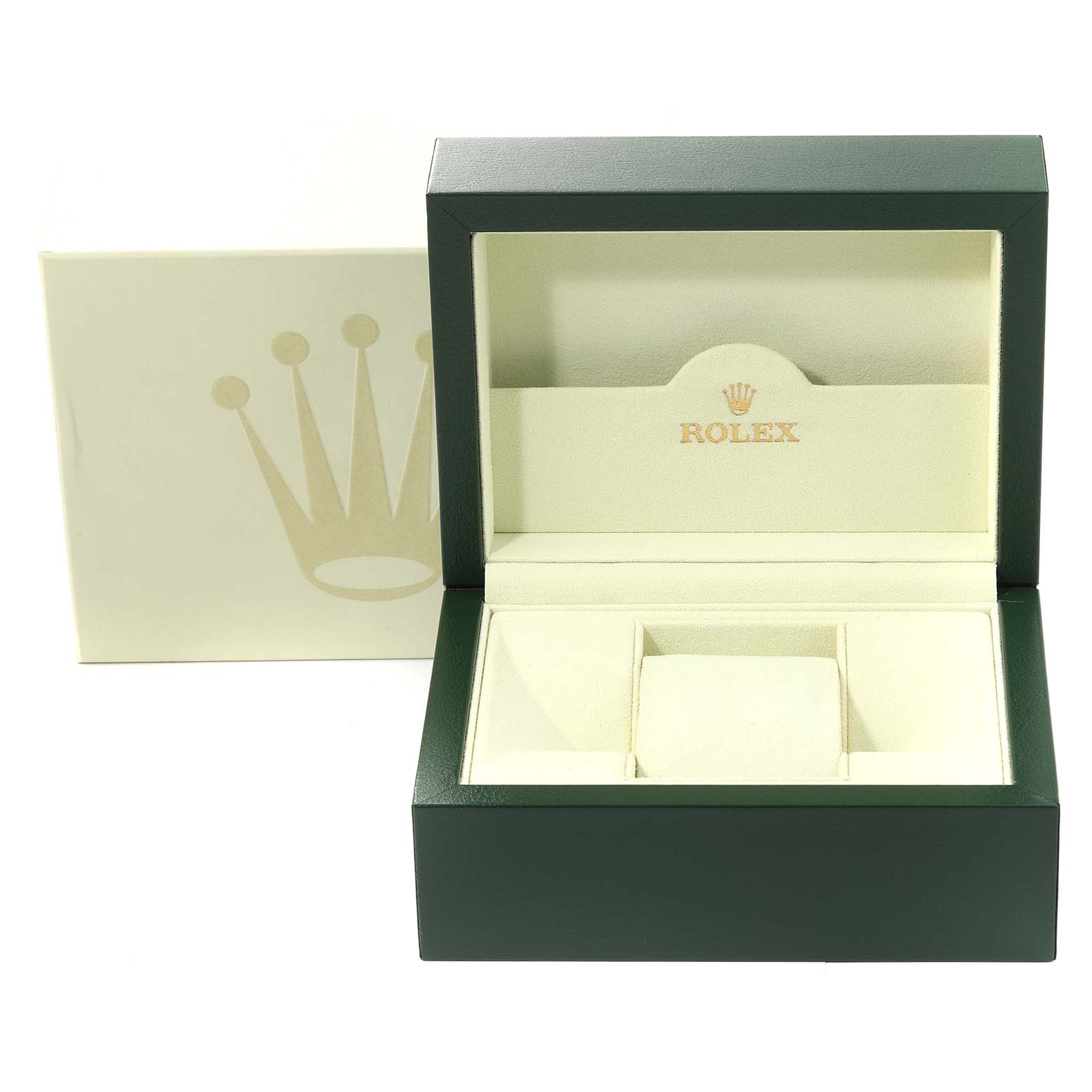 This is an open Rolex Submariner 116610 Men
s Stainless Steel Black Dial 116610 Men
s Stainless Steel Black Dial watch box, showing the inner compartments and cushion.