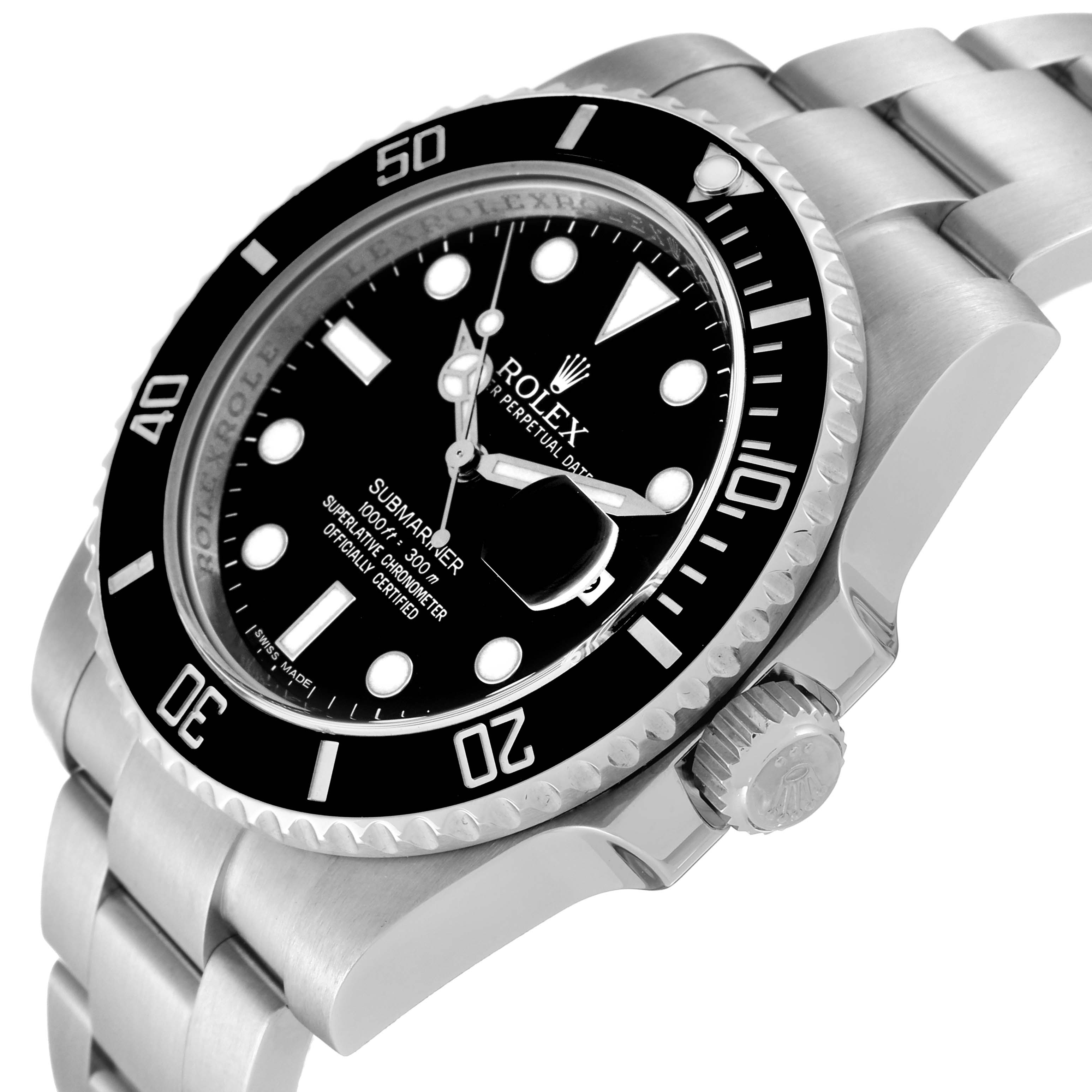 Close-up angle of the Rolex Submariner 116610 Men
s Stainless Steel Black Dial 116610 Men
s Stainless Steel Black Dial watch showing the dial, bezel, and part of the bracelet.