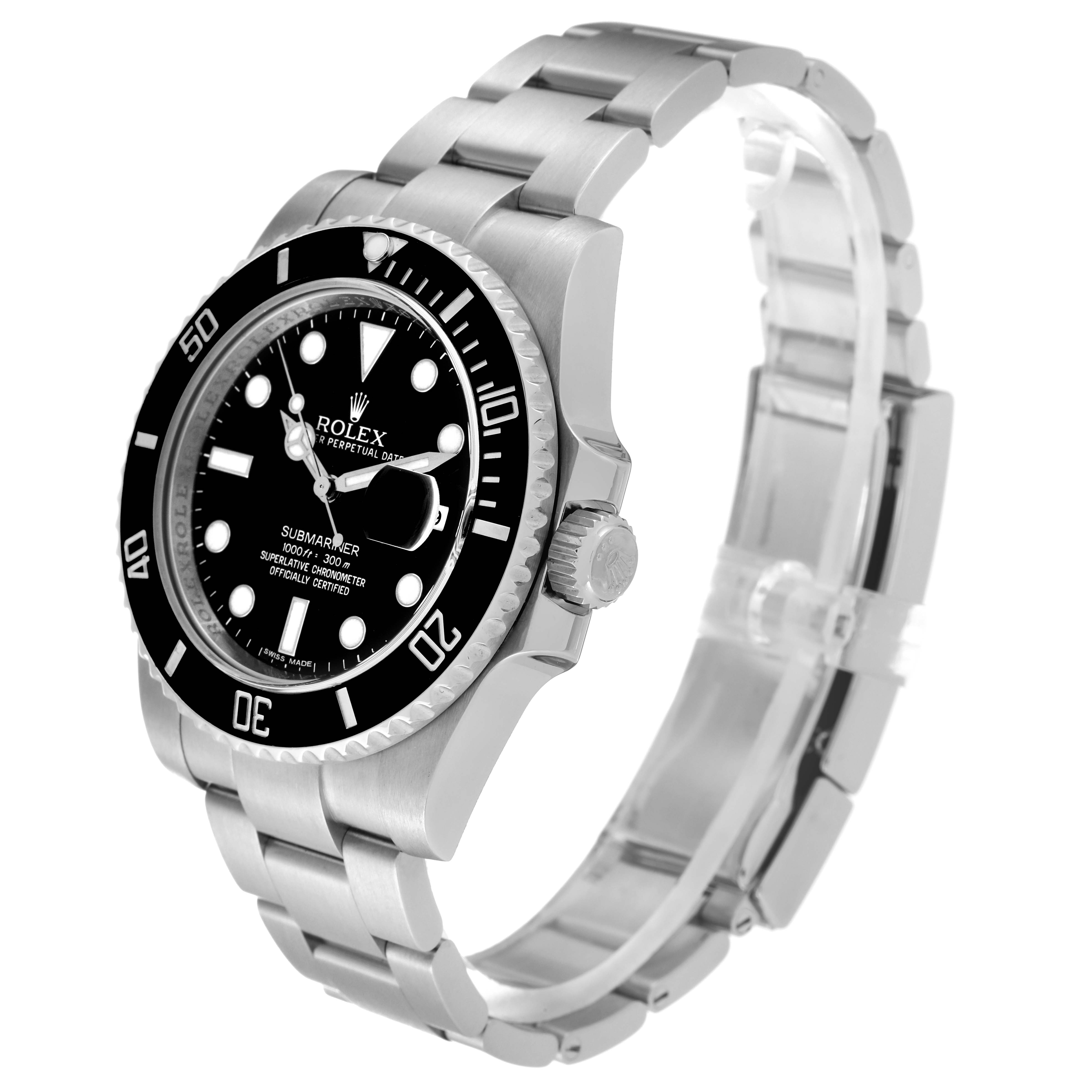 The image shows a Rolex Submariner 116610 Men
s Stainless Steel Black Dial 116610 Men
s Stainless Steel Black Dial watch from an angled side view, displaying its face, bezel, crown, and bracelet links.