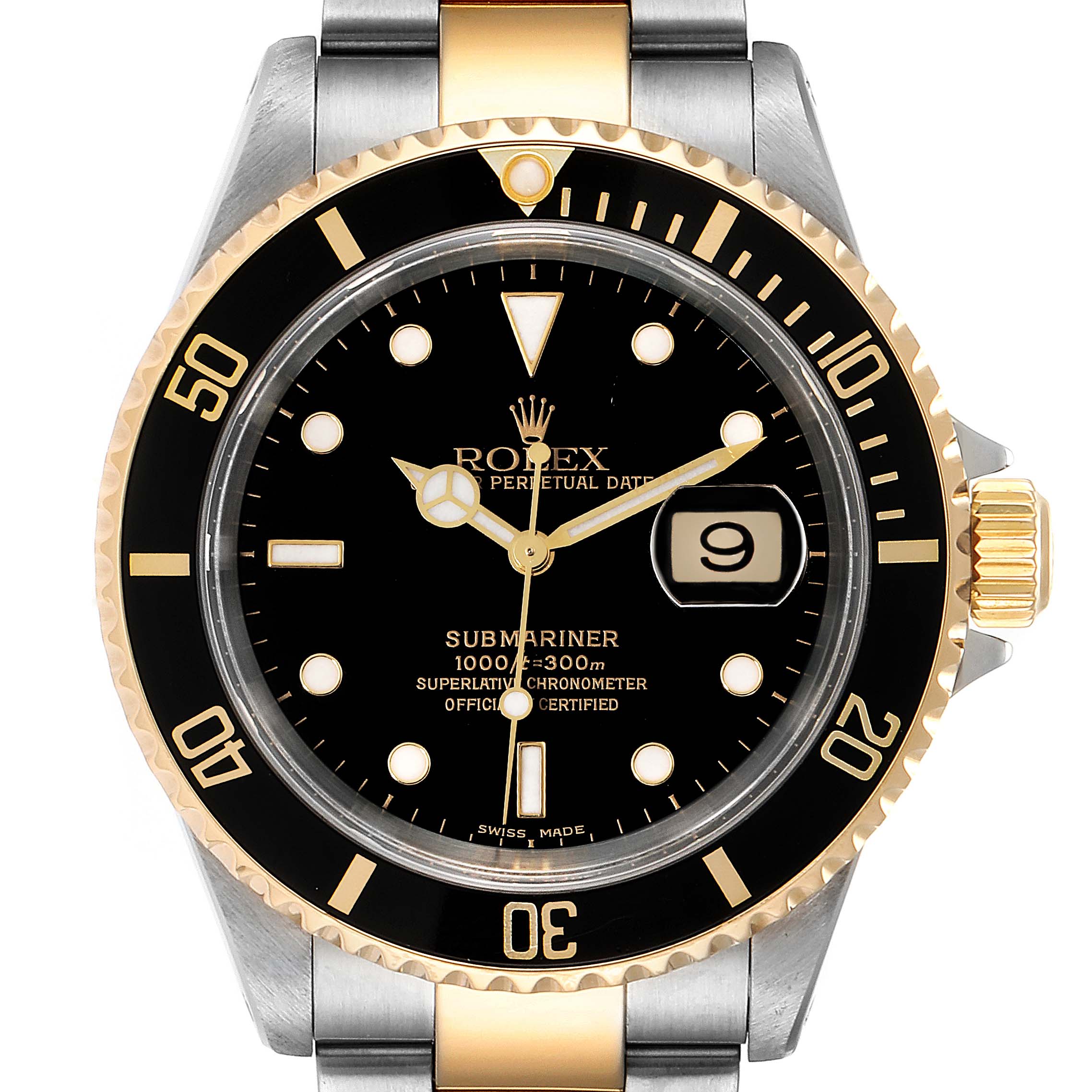 The image shows a front view of a Rolex Submariner 16613 Men
s Steel and Gold (two tone) Black Dial 16613 Men
s Steel and Gold (two tone) Black Dial watch, highlighting its dial, bezel, and part of the bracelet.