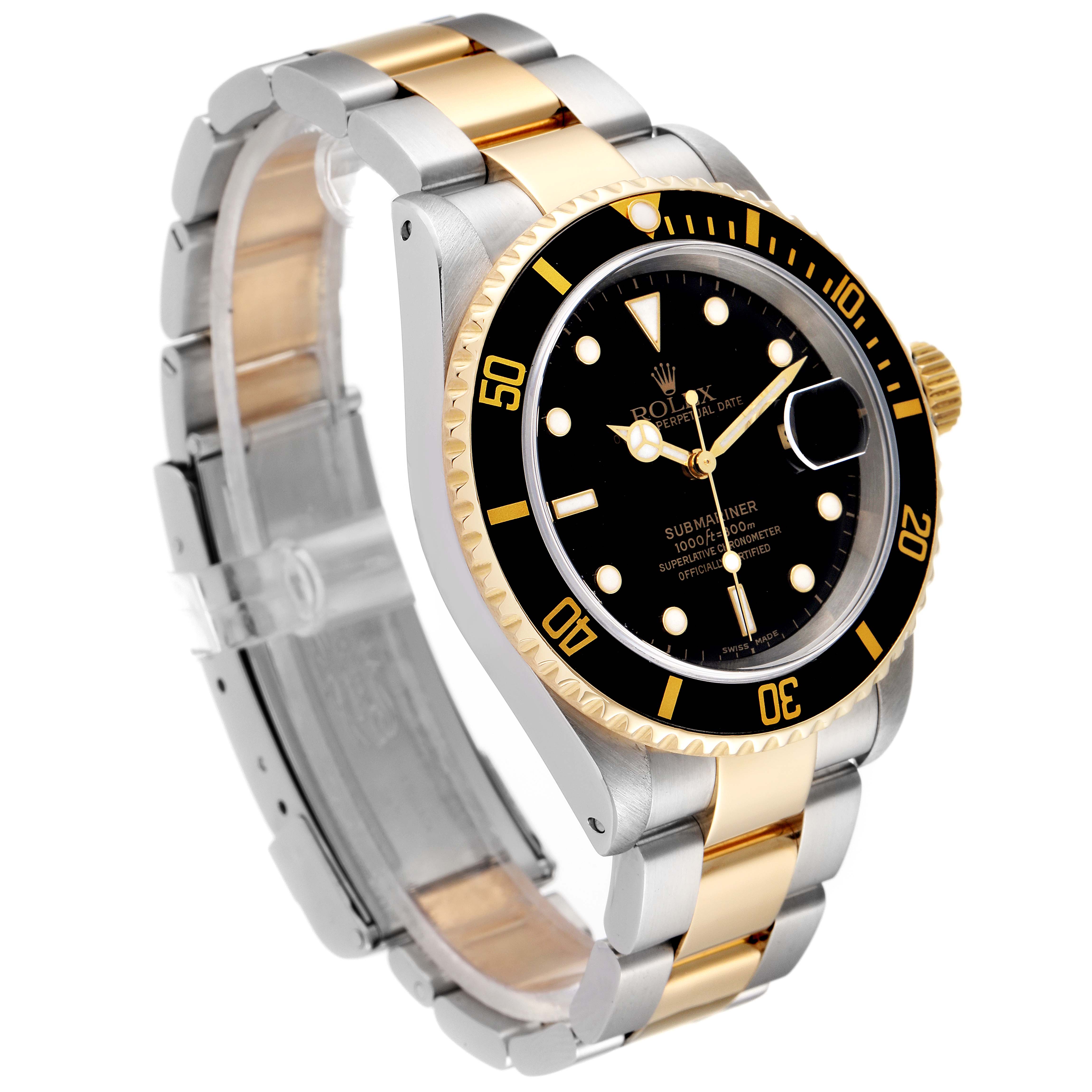 This image shows a Rolex Submariner 16613 Men
s Steel and Gold (two tone) Black Dial 16613 Men
s Steel and Gold (two tone) Black Dial watch at a 3/4 angle, displaying its two-tone bracelet, black dial, and bezel.