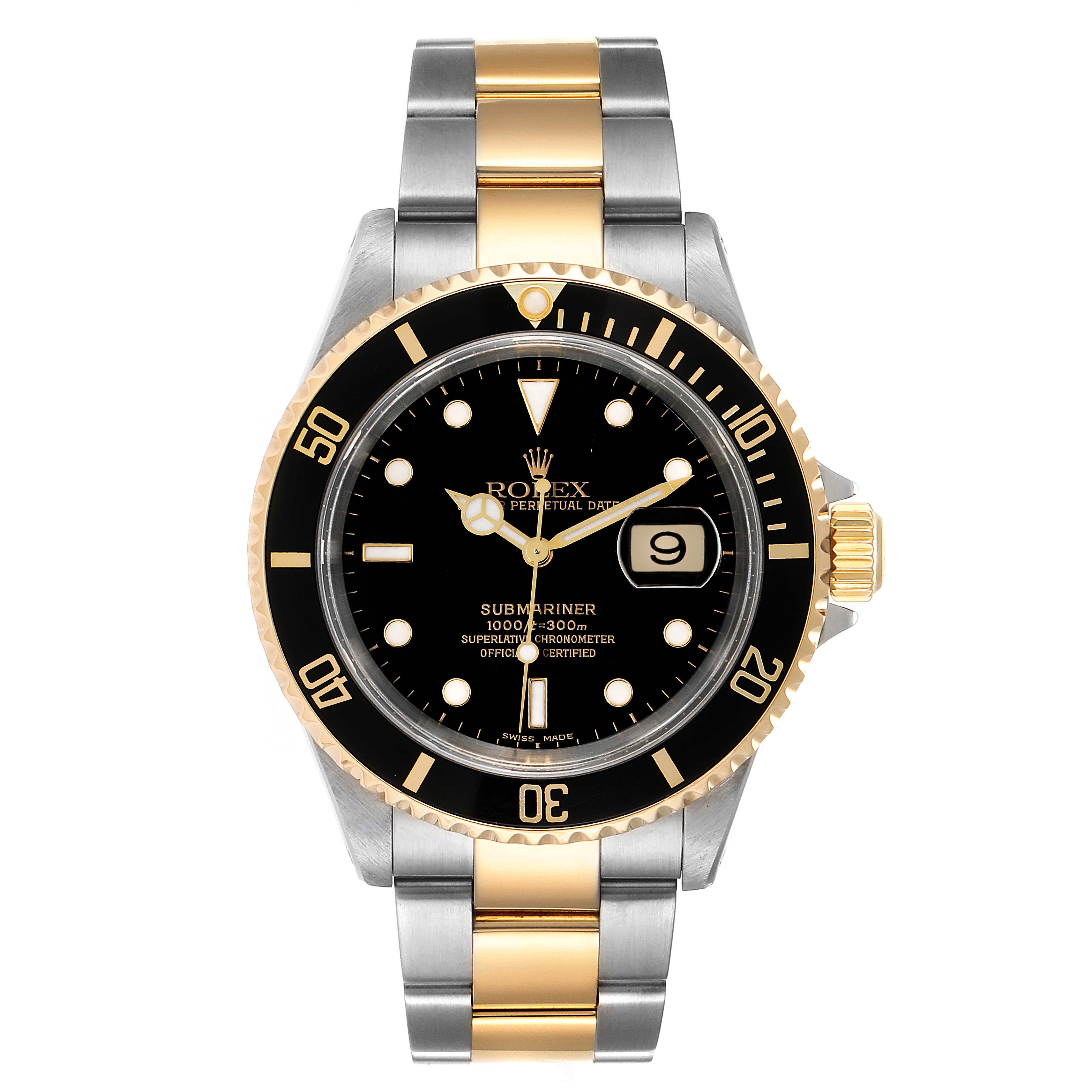 The image shows a front view of a Rolex Submariner 16613 Men
s Steel and Gold (two tone) Black Dial 16613 Men
s Steel and Gold (two tone) Black Dial watch, highlighting its two-tone strap, dial, bezel, and crown.