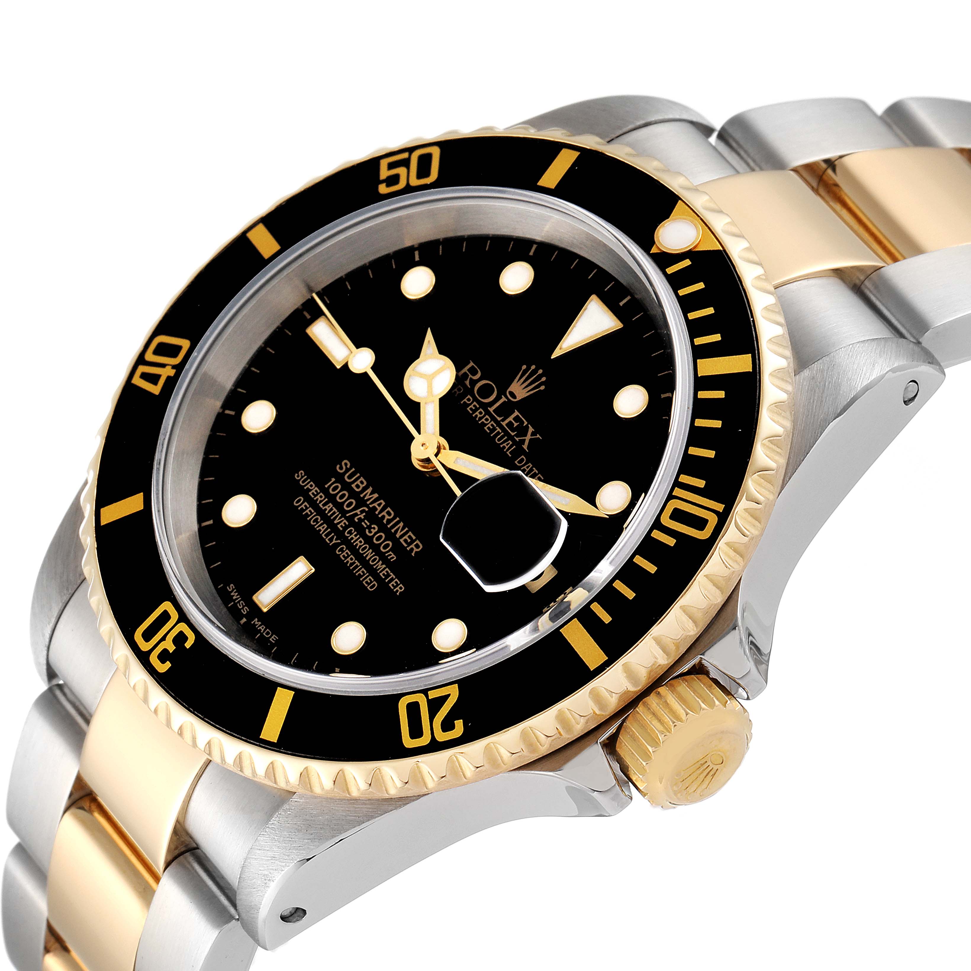 The Rolex Submariner 16613 Men
s Steel and Gold (two tone) Black Dial 16613 Men
s Steel and Gold (two tone) Black Dial watch is shown at an oblique angle, highlighting its bezel, dial, and bracelet.