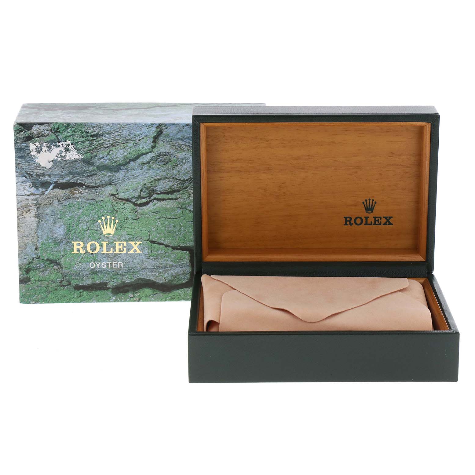 The image shows the packaging for a Rolex Submariner 16613 Men
s Steel and Gold (two tone) Black Dial 16613 Men
s Steel and Gold (two tone) Black Dial watch, with an open wooden box and an outer green textured box.