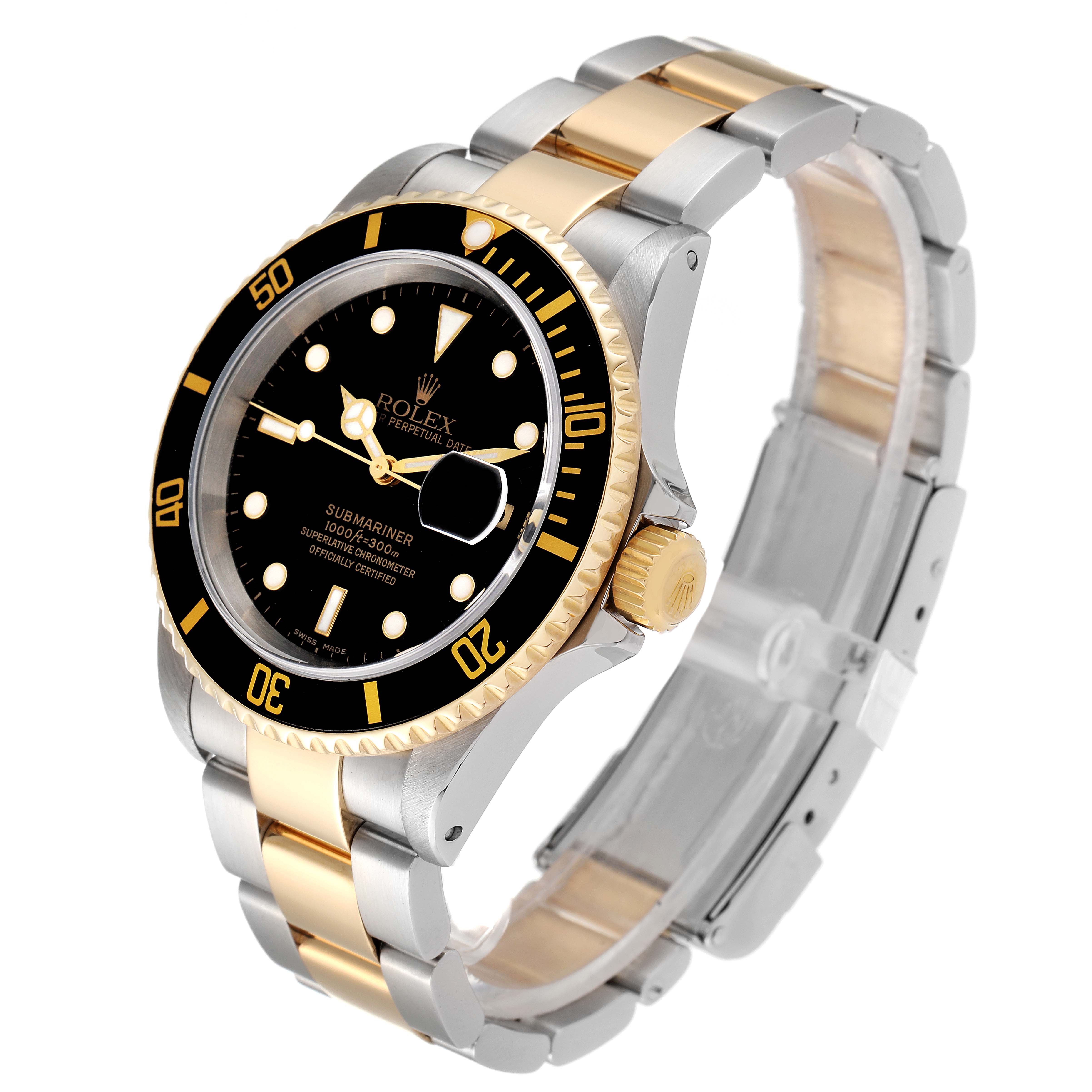 This image shows a Rolex Submariner 16613 Men
s Steel and Gold (two tone) Black Dial 16613 Men
s Steel and Gold (two tone) Black Dial watch from a three-quarter angle, highlighting its black dial, gold bezel, and stainless steel bracelet with gold accents.