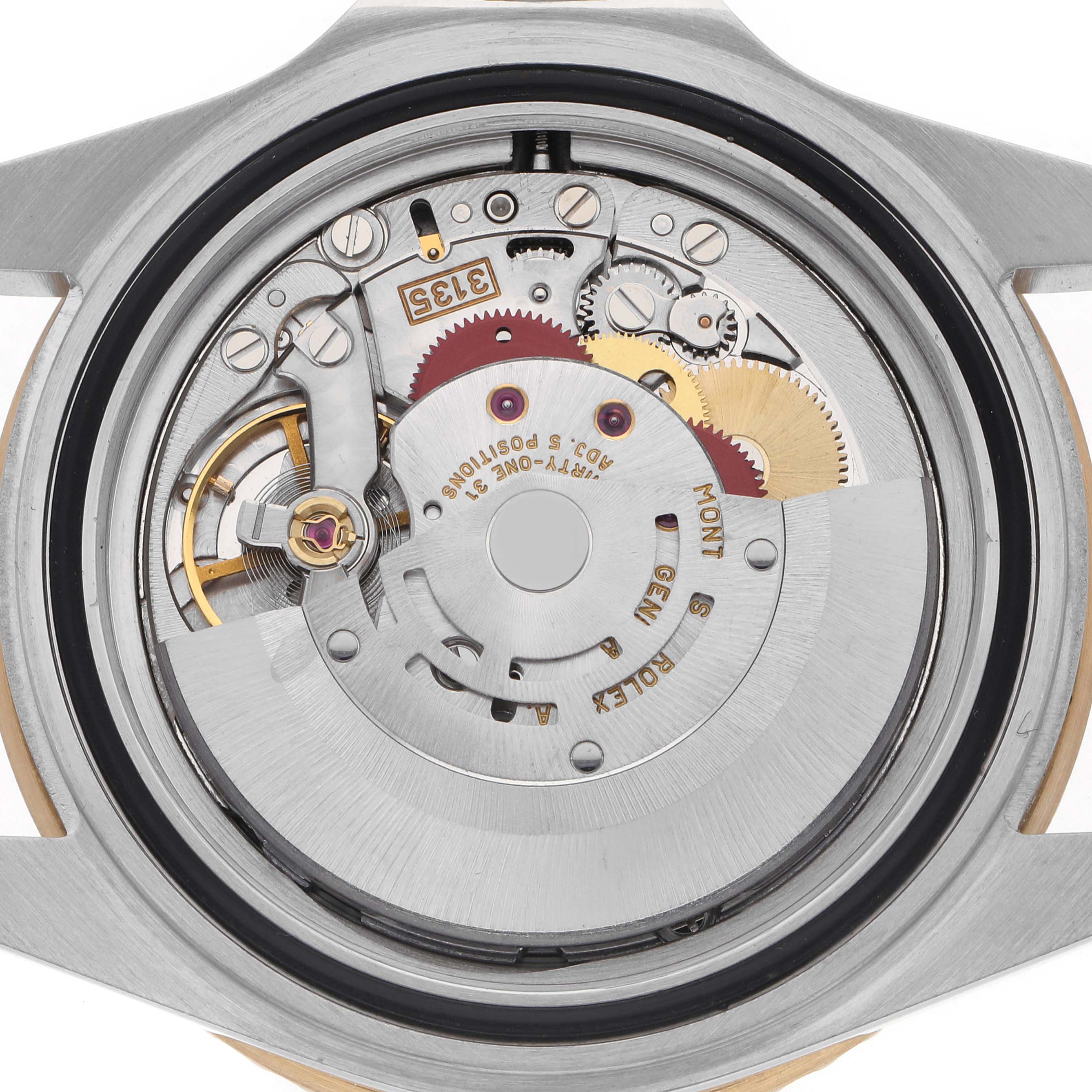 The image shows the movement mechanism of a Rolex Submariner 16613 Men
s Steel and Gold (two tone) Black Dial 16613 Men
s Steel and Gold (two tone) Black Dial watch from the case back angle.