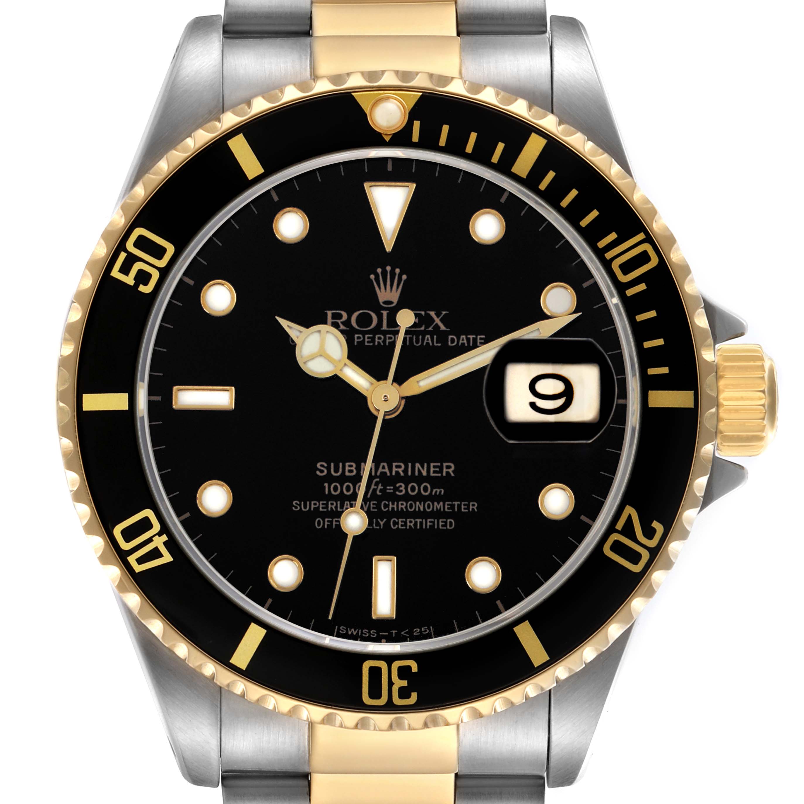 The Rolex Submariner 16613 Men
s Steel and Gold (two tone) Black Dial 16613 Men
s Steel and Gold (two tone) Black Dial watch is shown from a frontal angle, displaying the face, bezel, crown, and part of the bracelet.