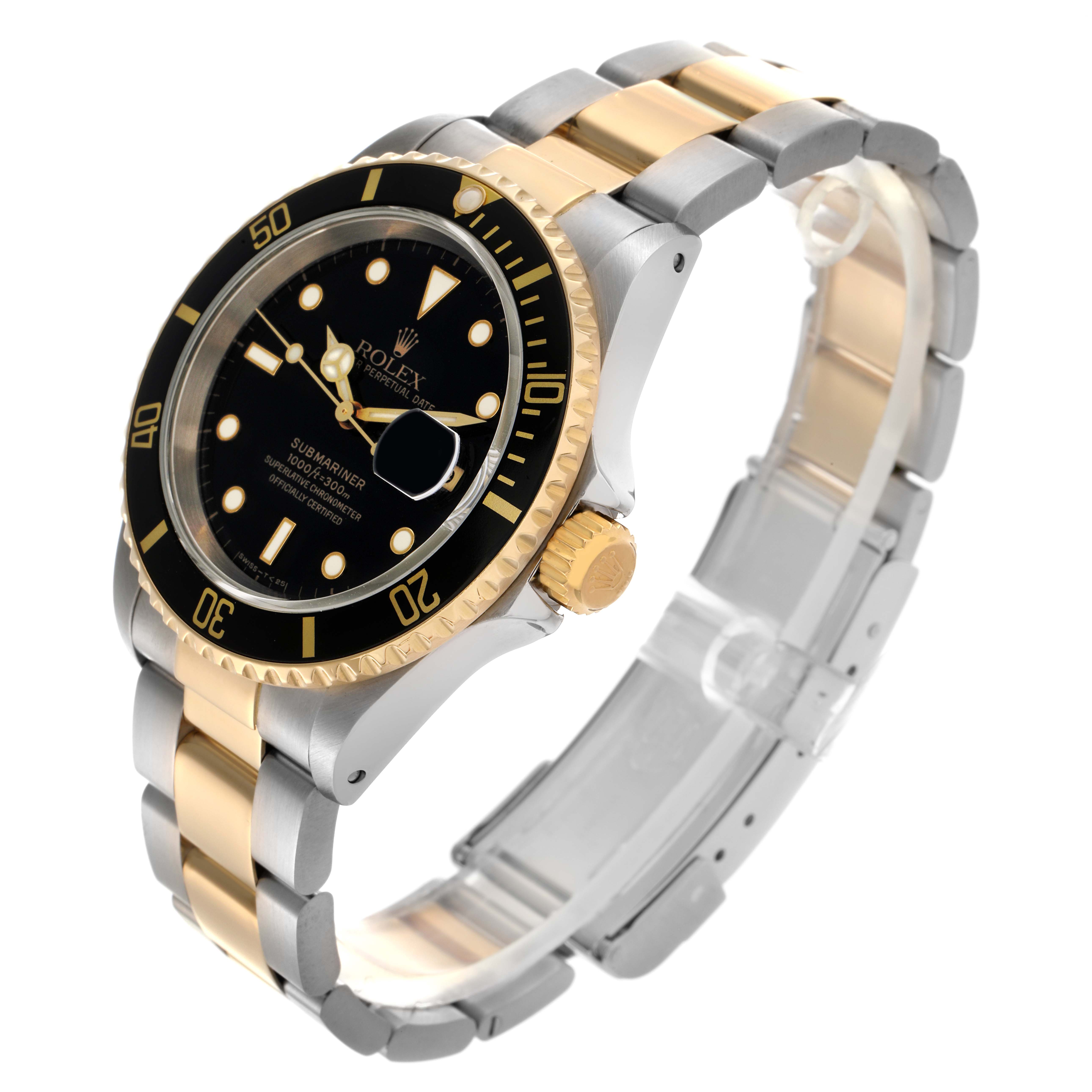 The Rolex Submariner 16613 Men
s Steel and Gold (two tone) Black Dial 16613 Men
s Steel and Gold (two tone) Black Dial watch is angled diagonally, showing its bezel, crown, dial, and bracelet in a stainless steel and gold finish.