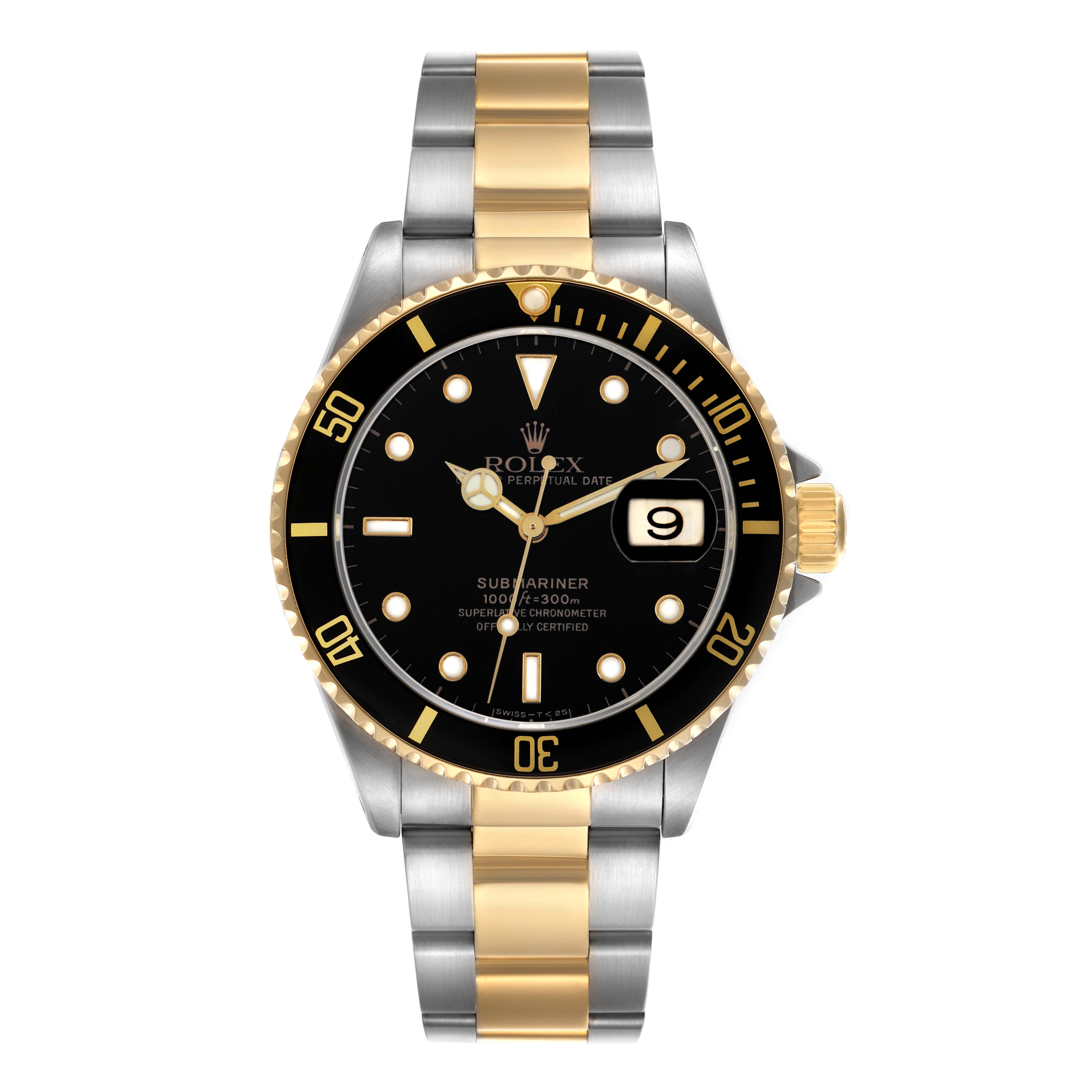 The Rolex Submariner 16613 Men
s Steel and Gold (two tone) Black Dial 16613 Men
s Steel and Gold (two tone) Black Dial watch is shown from the front, displaying its dial, bezel, and two-tone bracelet.