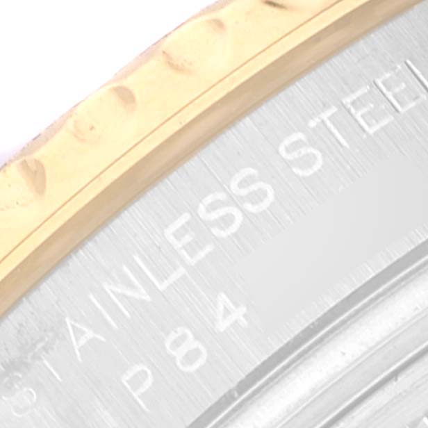 This close-up image of the Rolex Yacht-Master 169623 Women's Steel and Gold (two tone) Champagne Dial 169623 Women's Steel and Gold (two tone) Champagne Dial shows part of the bezel and the stainless steel case back.