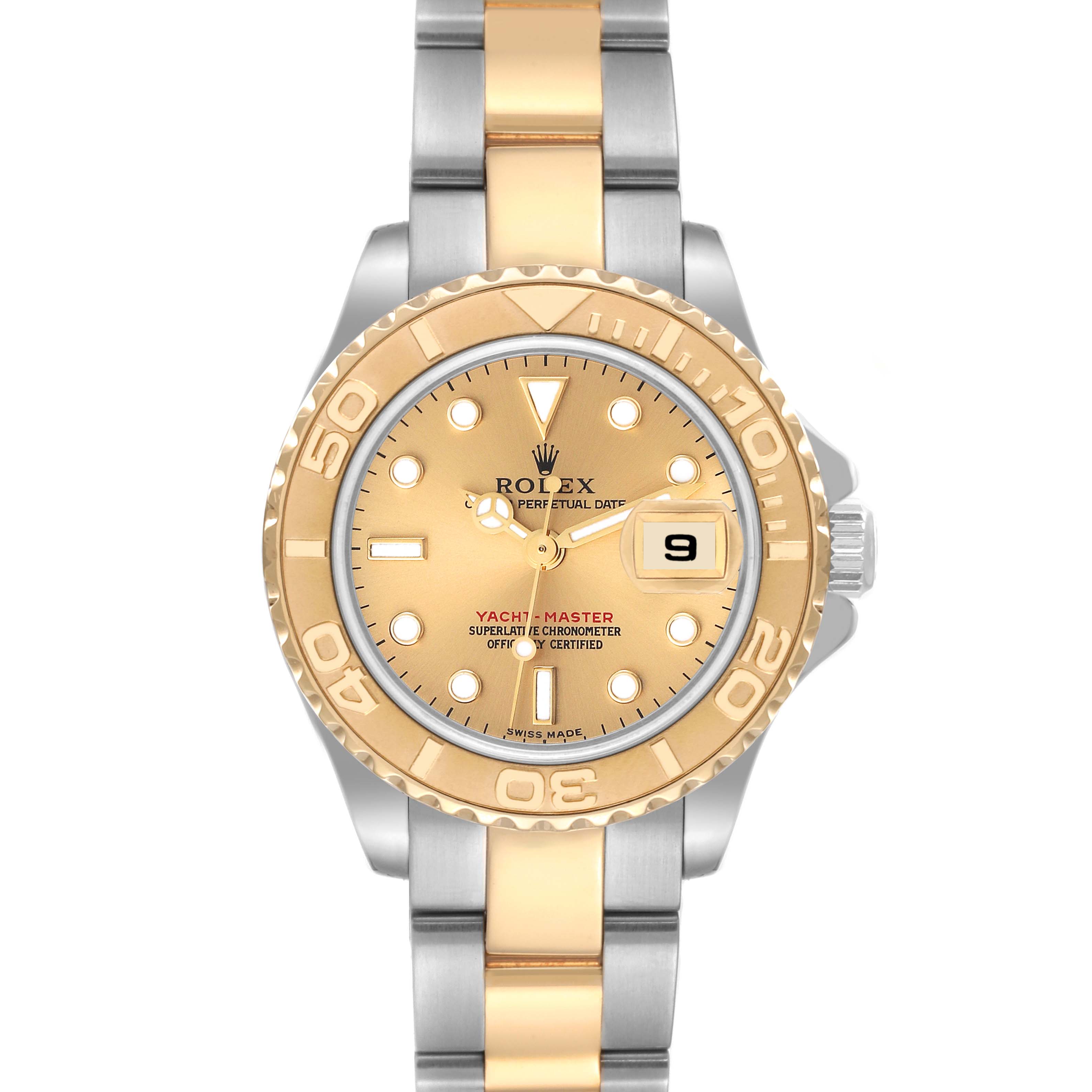 The Rolex Yacht-Master 169623 Women's Steel and Gold (two tone) Champagne Dial 169623 Women's Steel and Gold (two tone) Champagne Dial watch is shown from a front angle, highlighting its gold dial, gold bezel, and two-tone bracelet.