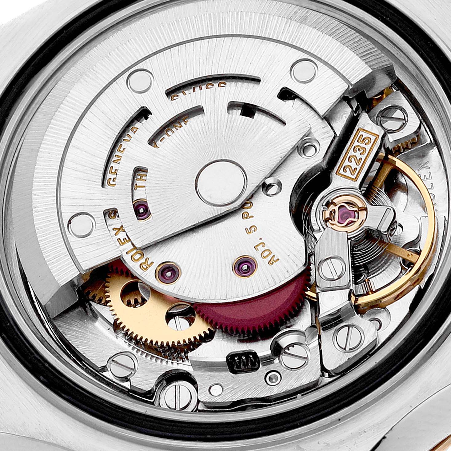 This is a close-up view of the movement of a Rolex Yacht-Master 169623 Women's Steel and Gold (two tone) Champagne Dial 169623 Women's Steel and Gold (two tone) Champagne Dial watch, showing the intricate gears and components inside.