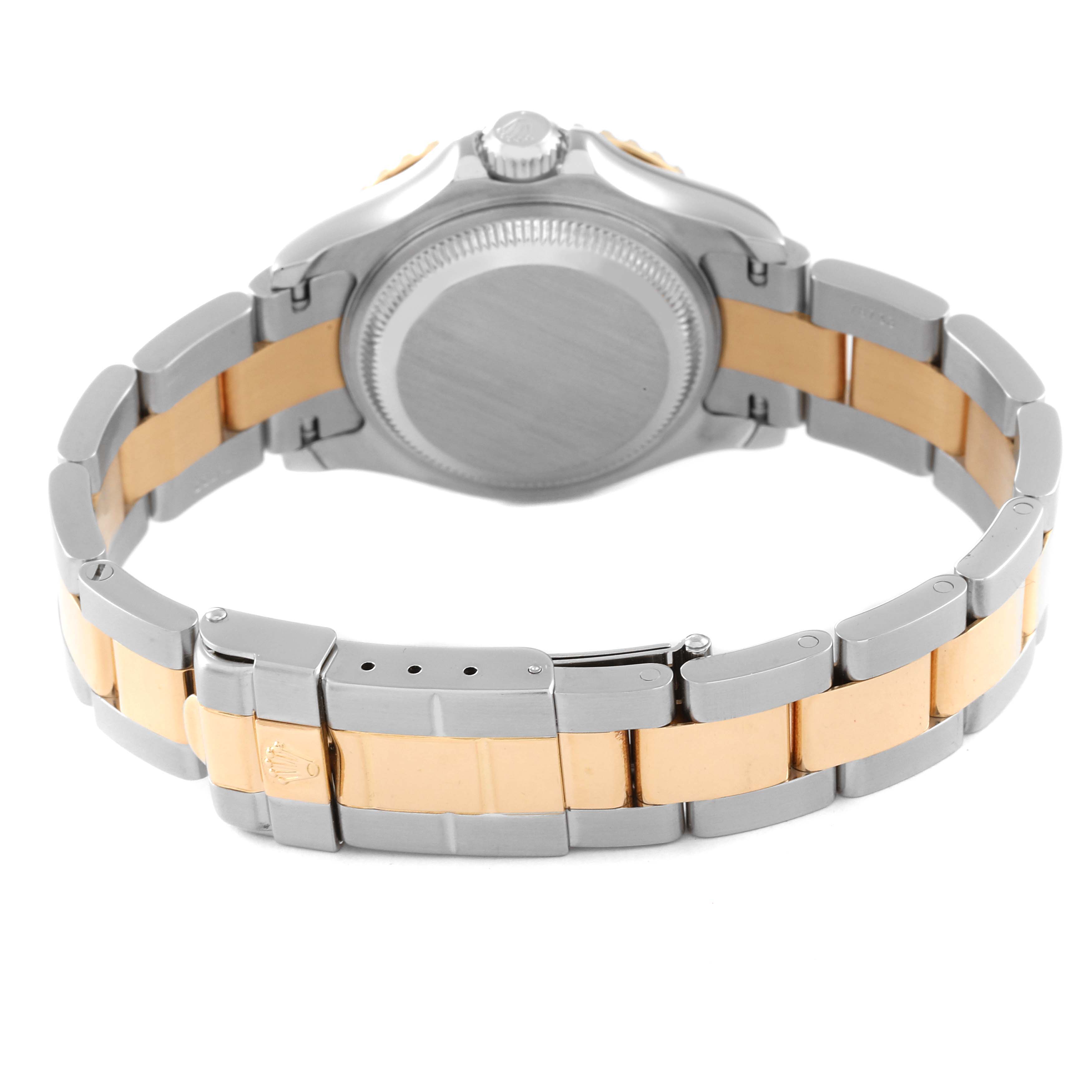 This image shows the back view of a Rolex Yacht-Master 169623 Women's Steel and Gold (two tone) Champagne Dial 169623 Women's Steel and Gold (two tone) Champagne Dial, focusing on the case back and two-tone bracelet.