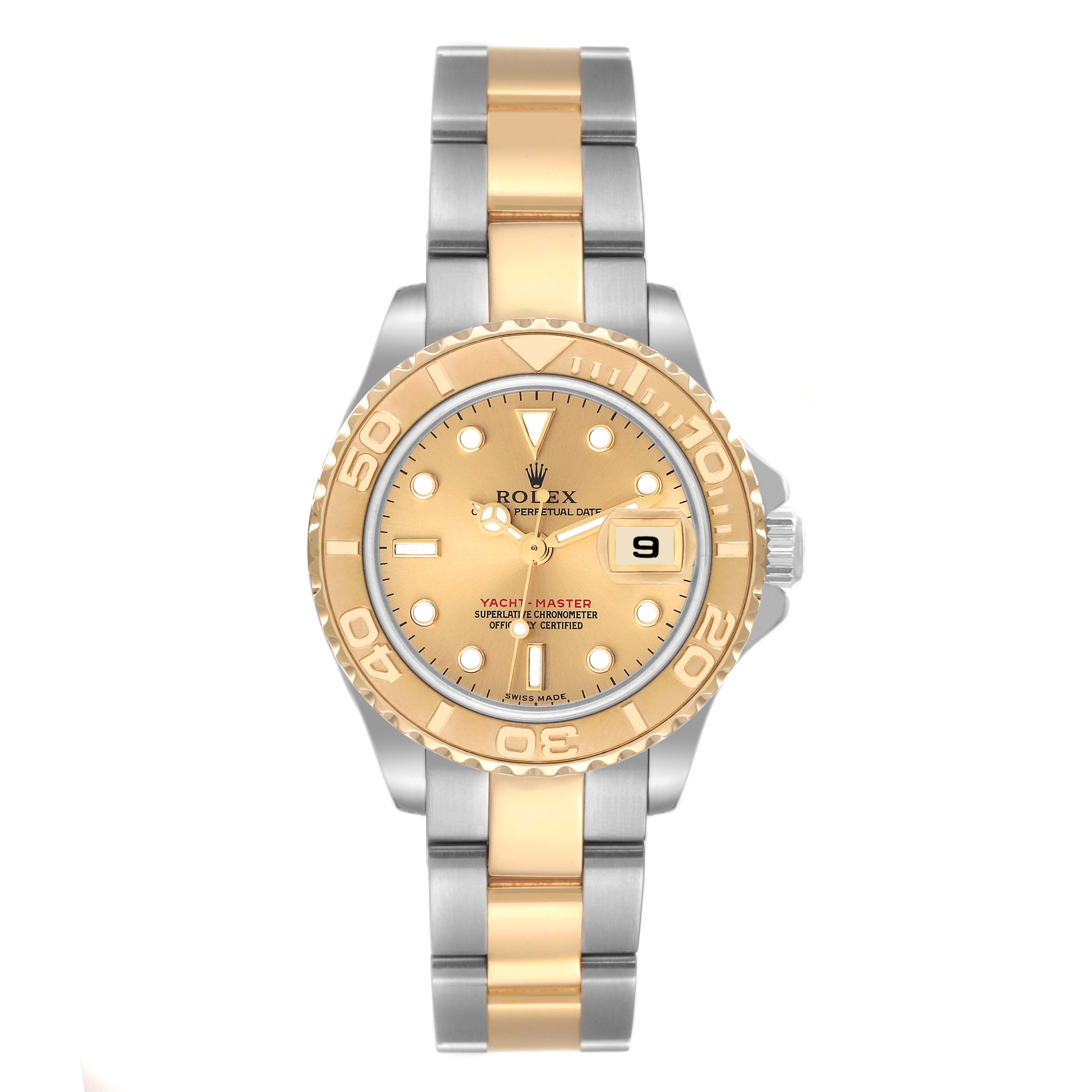 The image shows a Rolex Yacht-Master 169623 Women's Steel and Gold (two tone) Champagne Dial 169623 Women's Steel and Gold (two tone) Champagne Dial watch from a front angle, displaying its dial, bezel, crown, and two-tone bracelet.