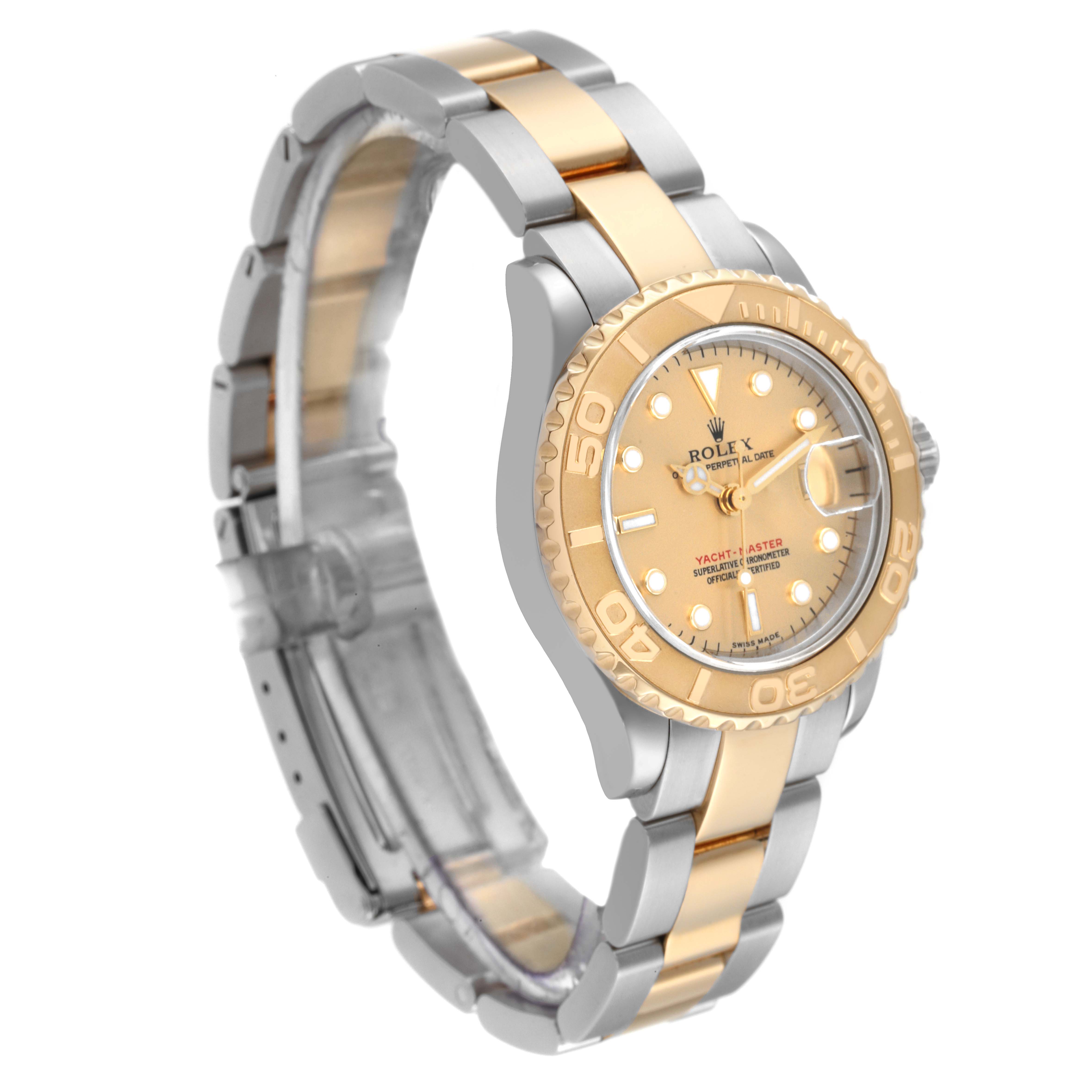This image shows the Yacht-Master model by Rolex at a slight top-side angle, highlighting the strap, dial, and bezel.