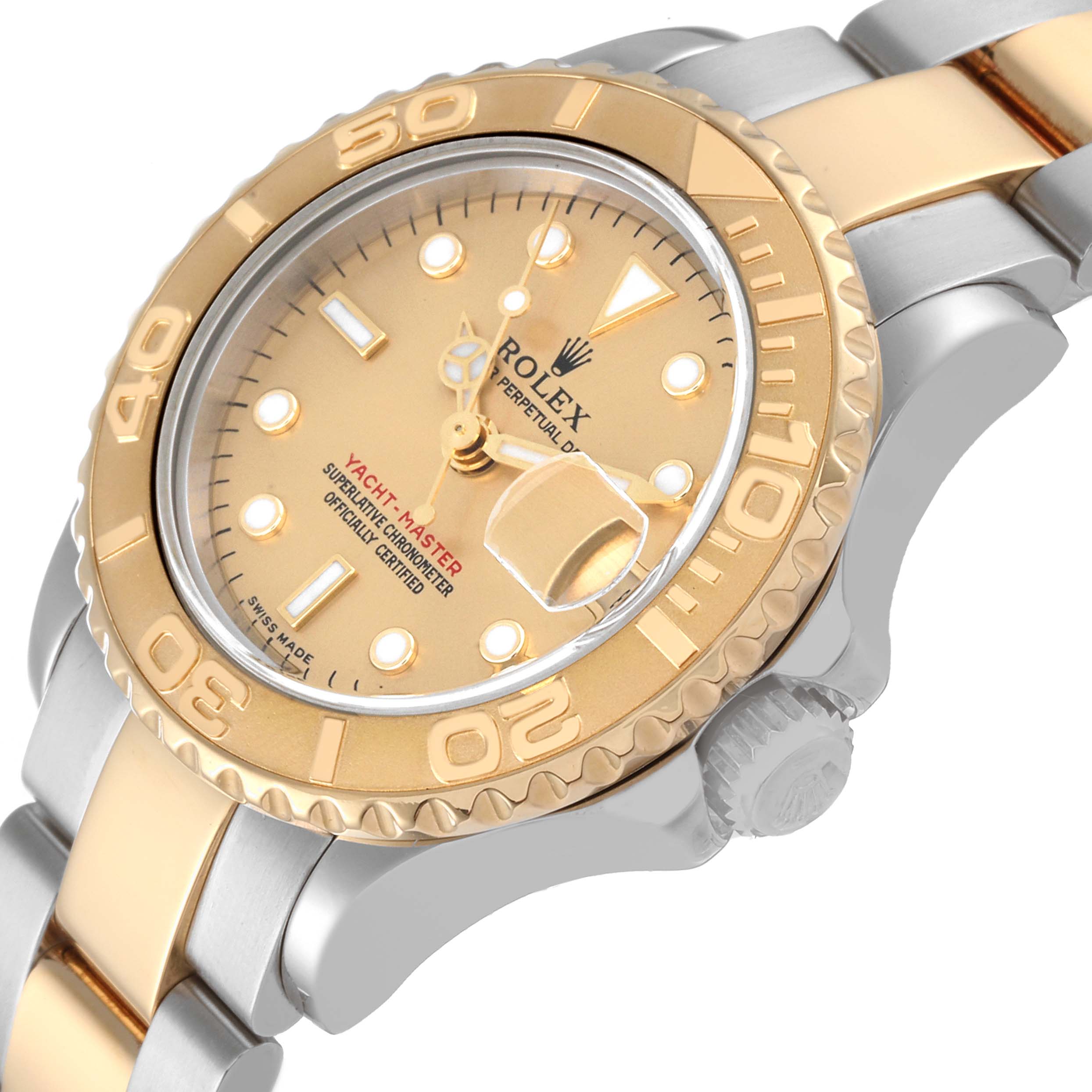 This image shows a Rolex Yacht-Master 169623 Women's Steel and Gold (two tone) Champagne Dial 169623 Women's Steel and Gold (two tone) Champagne Dial watch at an angled view, displaying the dial, bezel, and part of the bracelet.