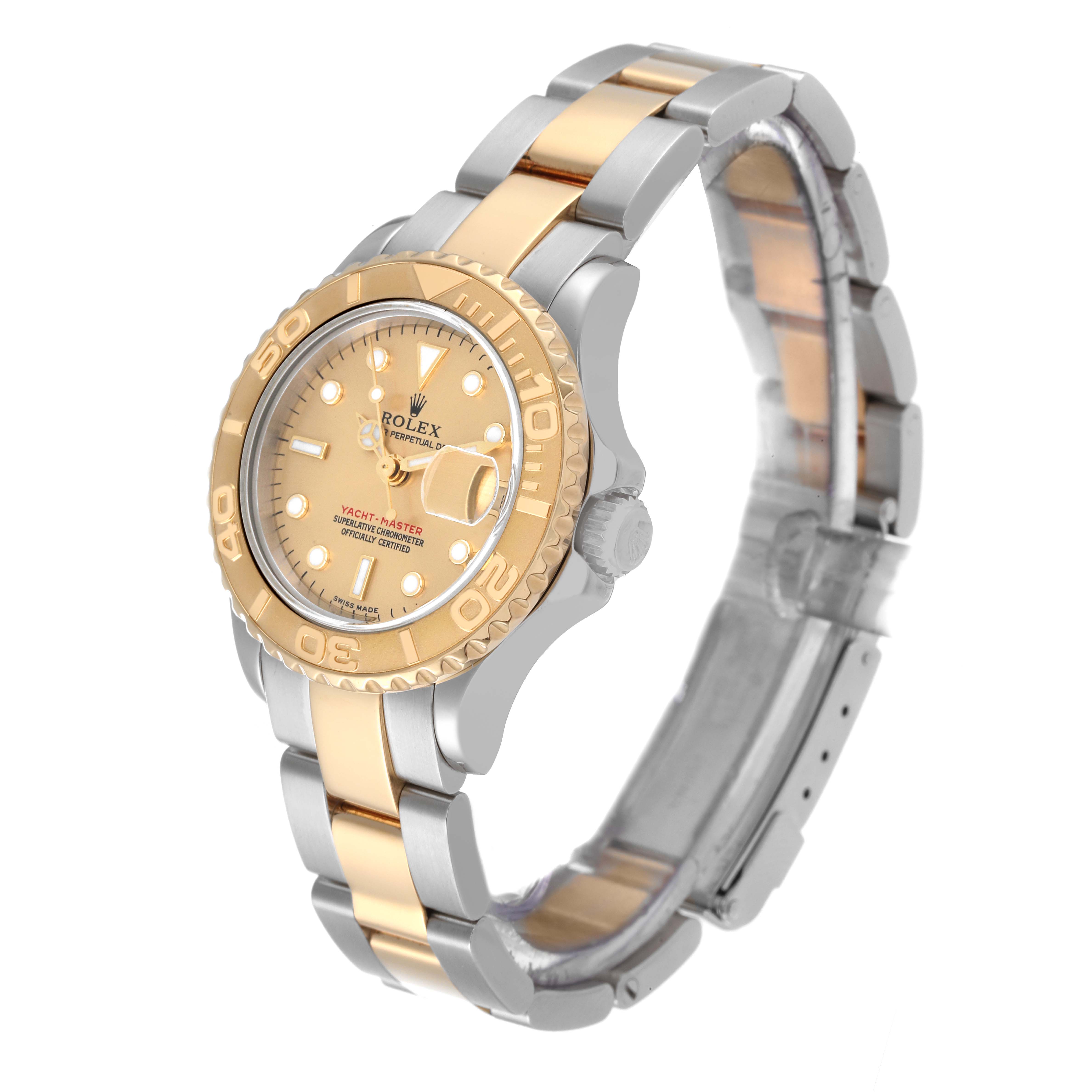 The Rolex Yacht-Master 169623 Women's Steel and Gold (two tone) Champagne Dial 169623 Women's Steel and Gold (two tone) Champagne Dial is shown at a 3/4 angle displaying its dial, bezel, and two-tone bracelet.