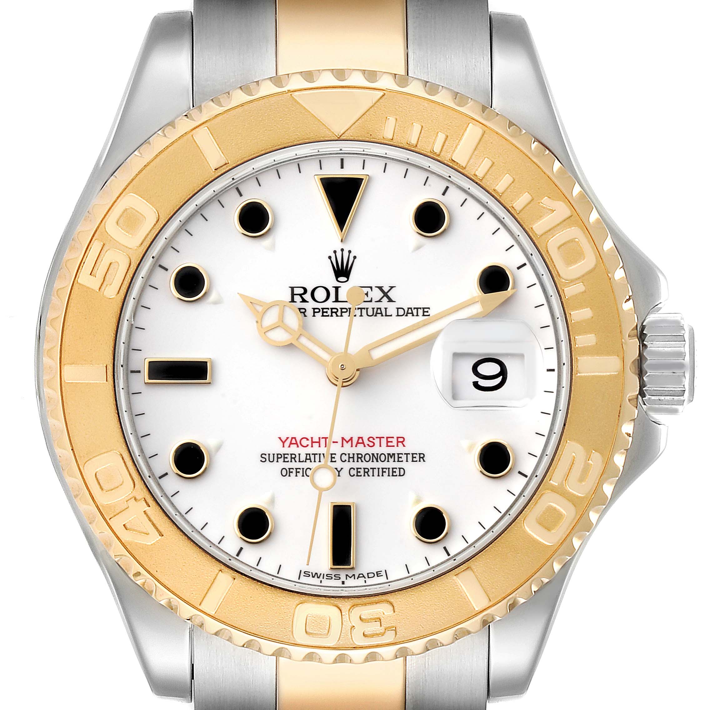 This Rolex Yacht-Master 16623 Men
s Steel and Gold (two tone) White Dial 16623 Men
s Steel and Gold (two tone) White Dial watch is shown from a front angle, highlighting its dial, bezel, and part of the bracelet.