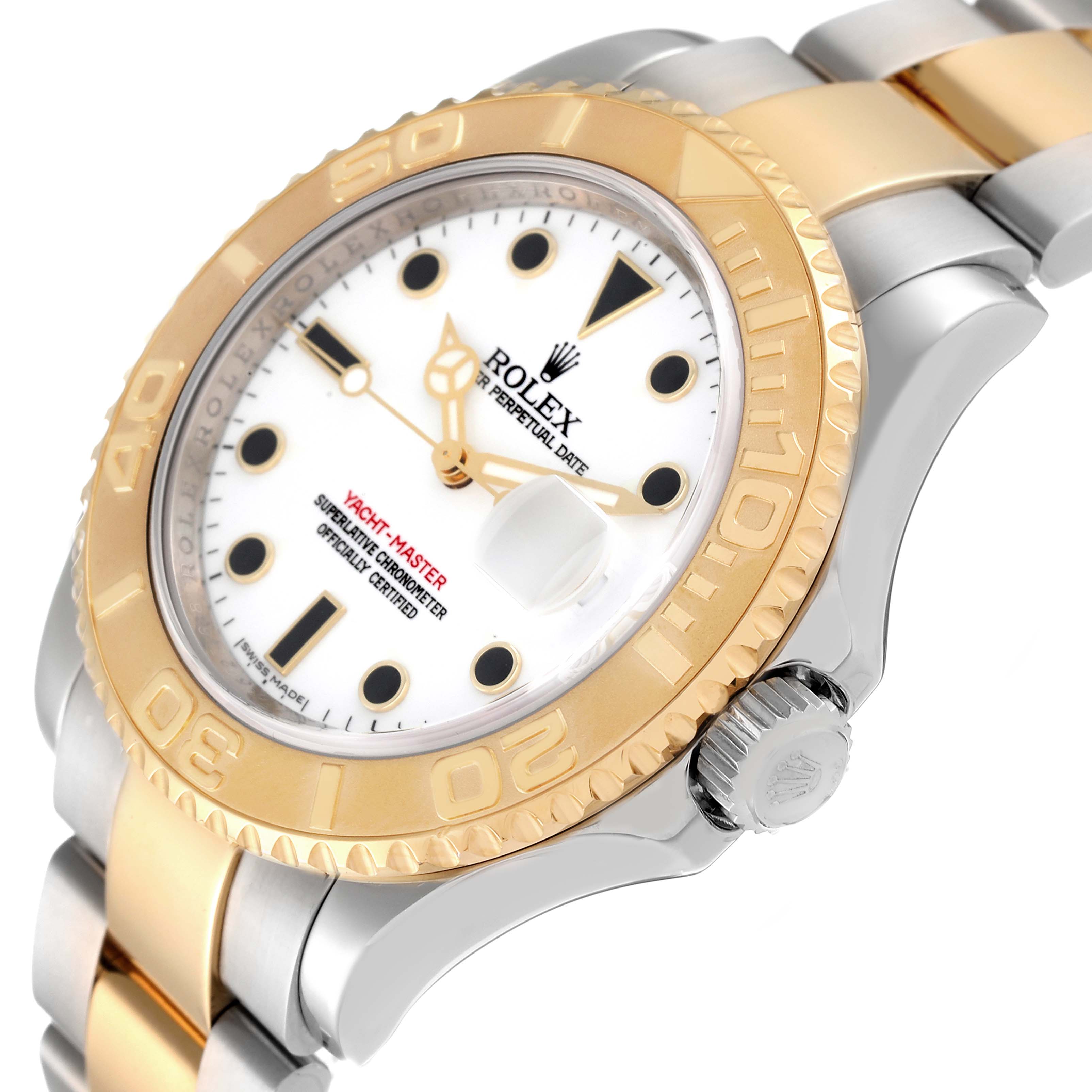 Top angle showing the dial, bezel, crown, and part of the bracelet of a Rolex Yacht-Master 16623 Men
s Steel and Gold (two tone) White Dial 16623 Men
s Steel and Gold (two tone) White Dial watch.